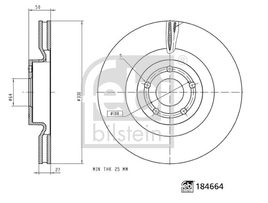 Febi 184664 2x Brake Discs Pair Vented