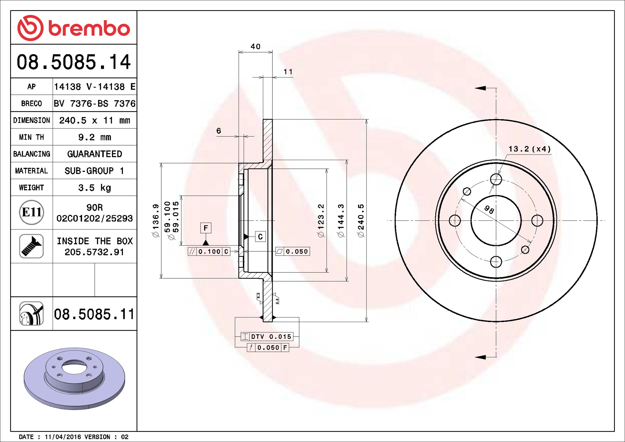 Brembo 08.5085.11 2x Brake Discs Pair Solid