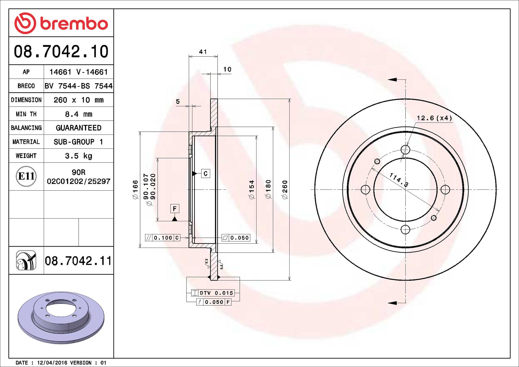 Brembo 08.7042.11 2x Brake Discs Pair Solid