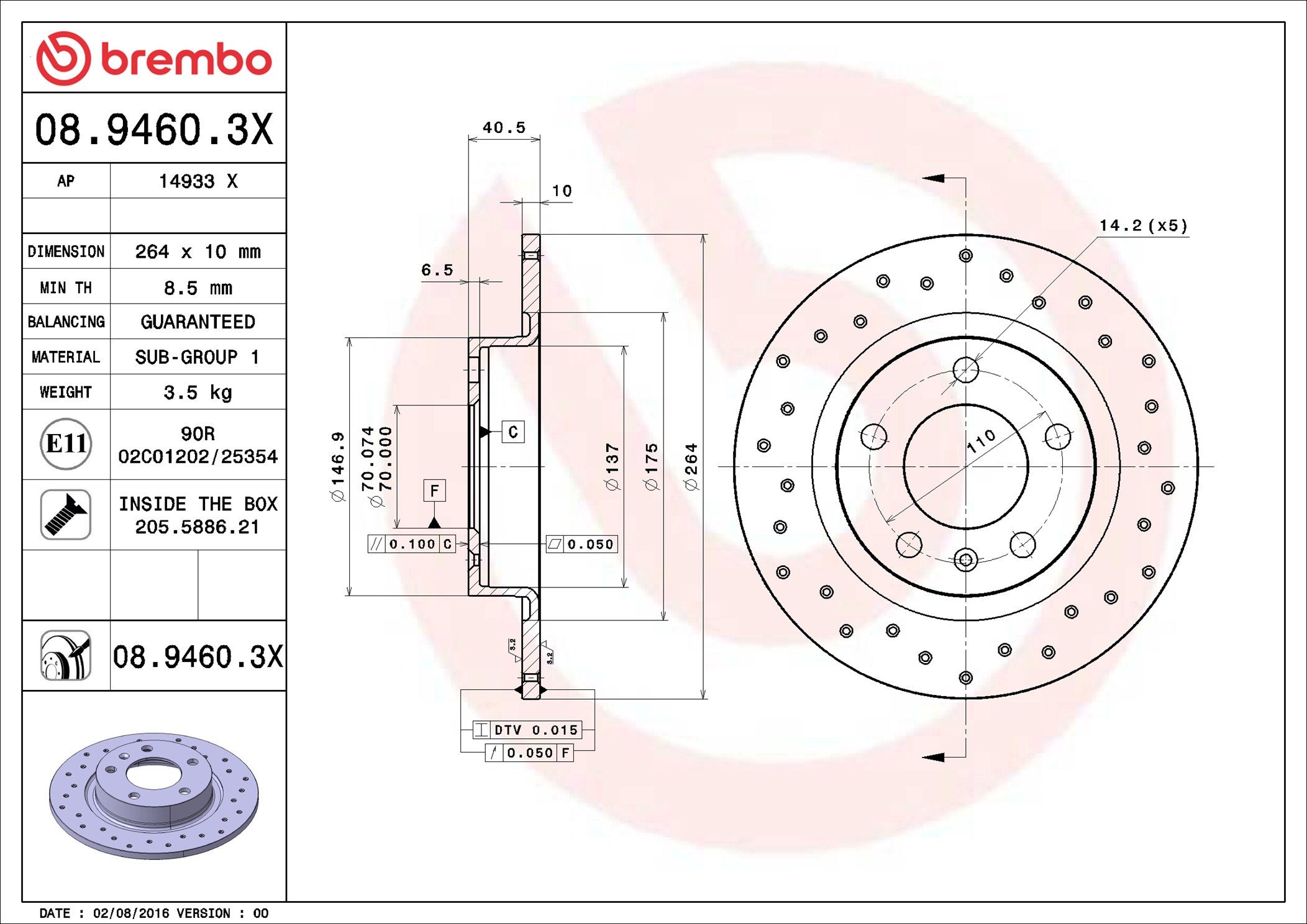 Brembo 08.9460.3X 2x Brake Discs Pair