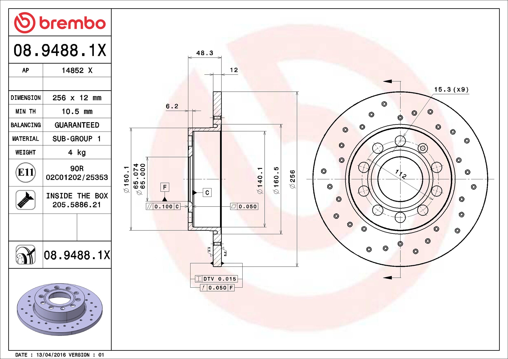 Brembo 08.9488.1X 2x Brake Discs Pair