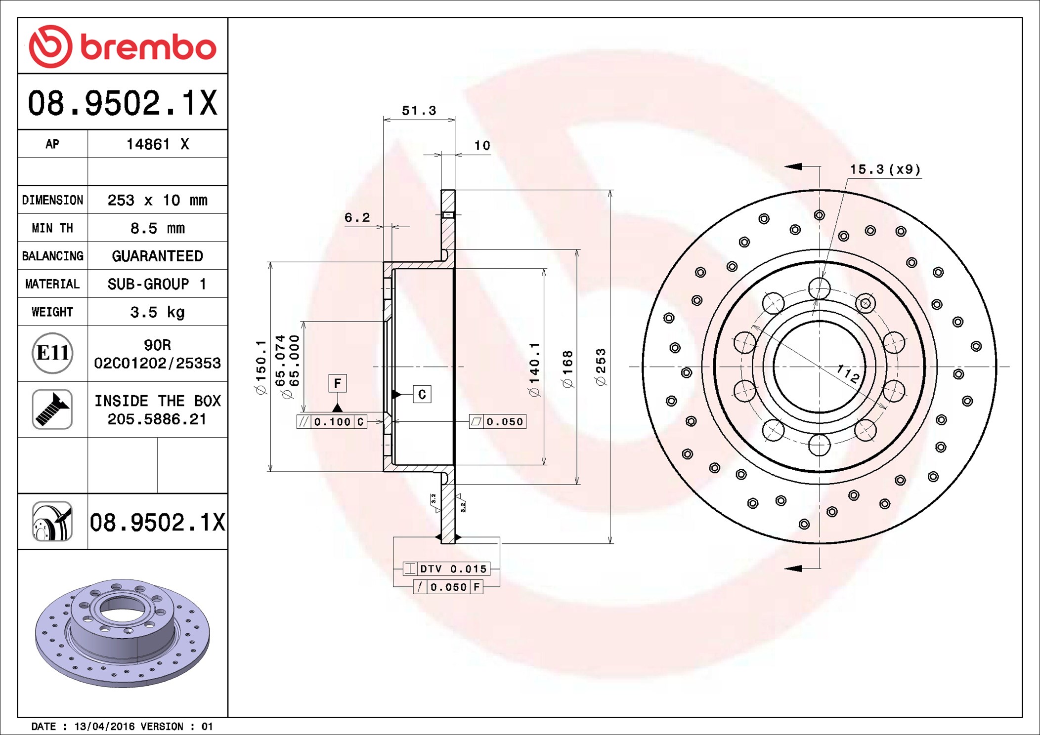 Brembo 08.9502.1X 2x Brake Discs Pair