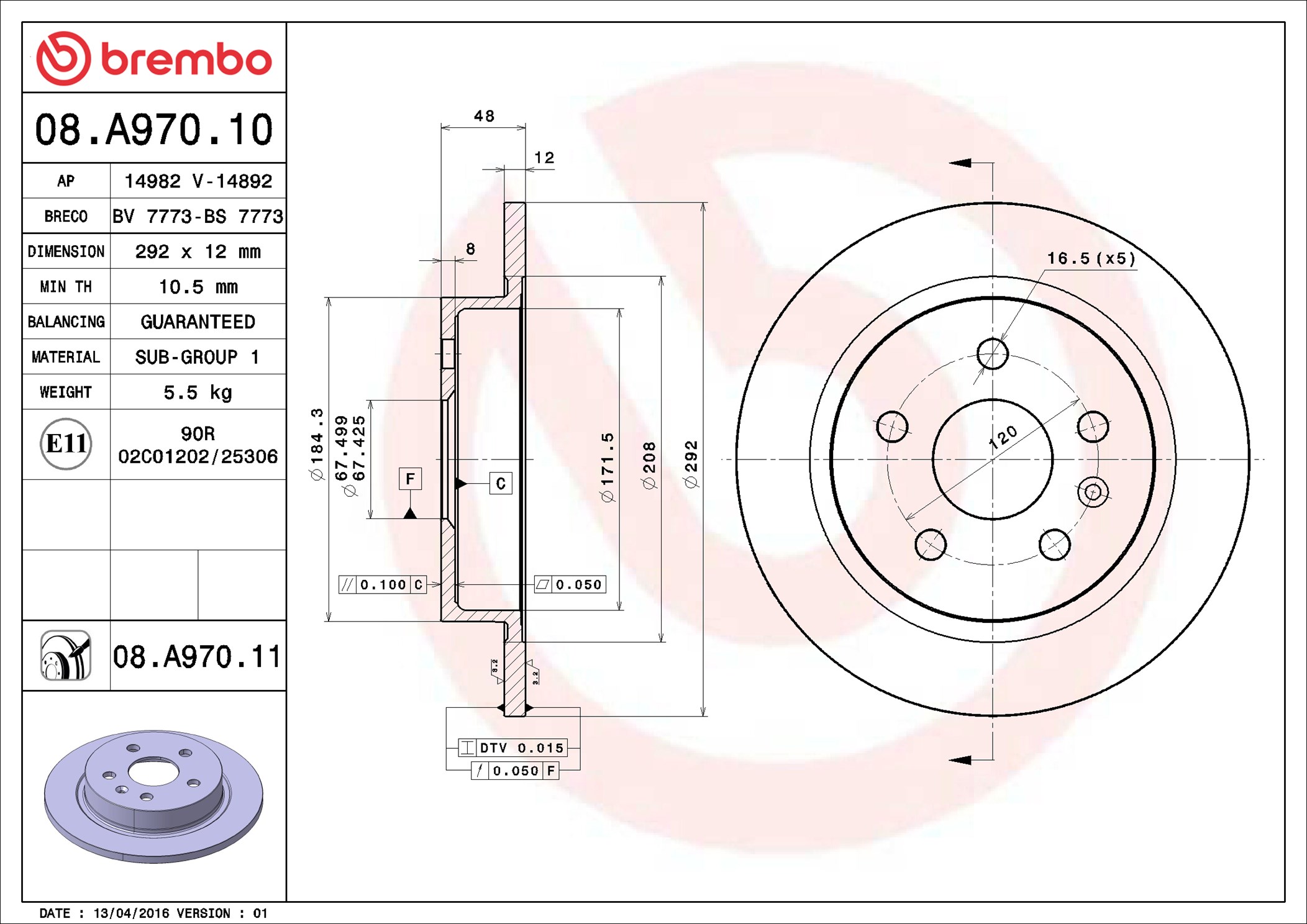 Brembo 08.A970.11 2x Brake Discs Pair Solid