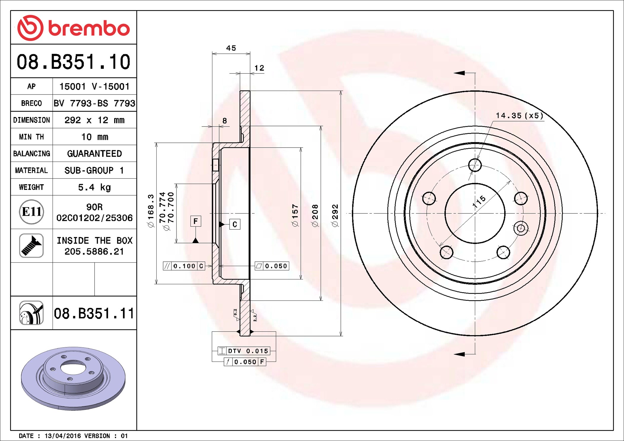 Brembo 08.B351.11 2x Brake Discs Pair Solid