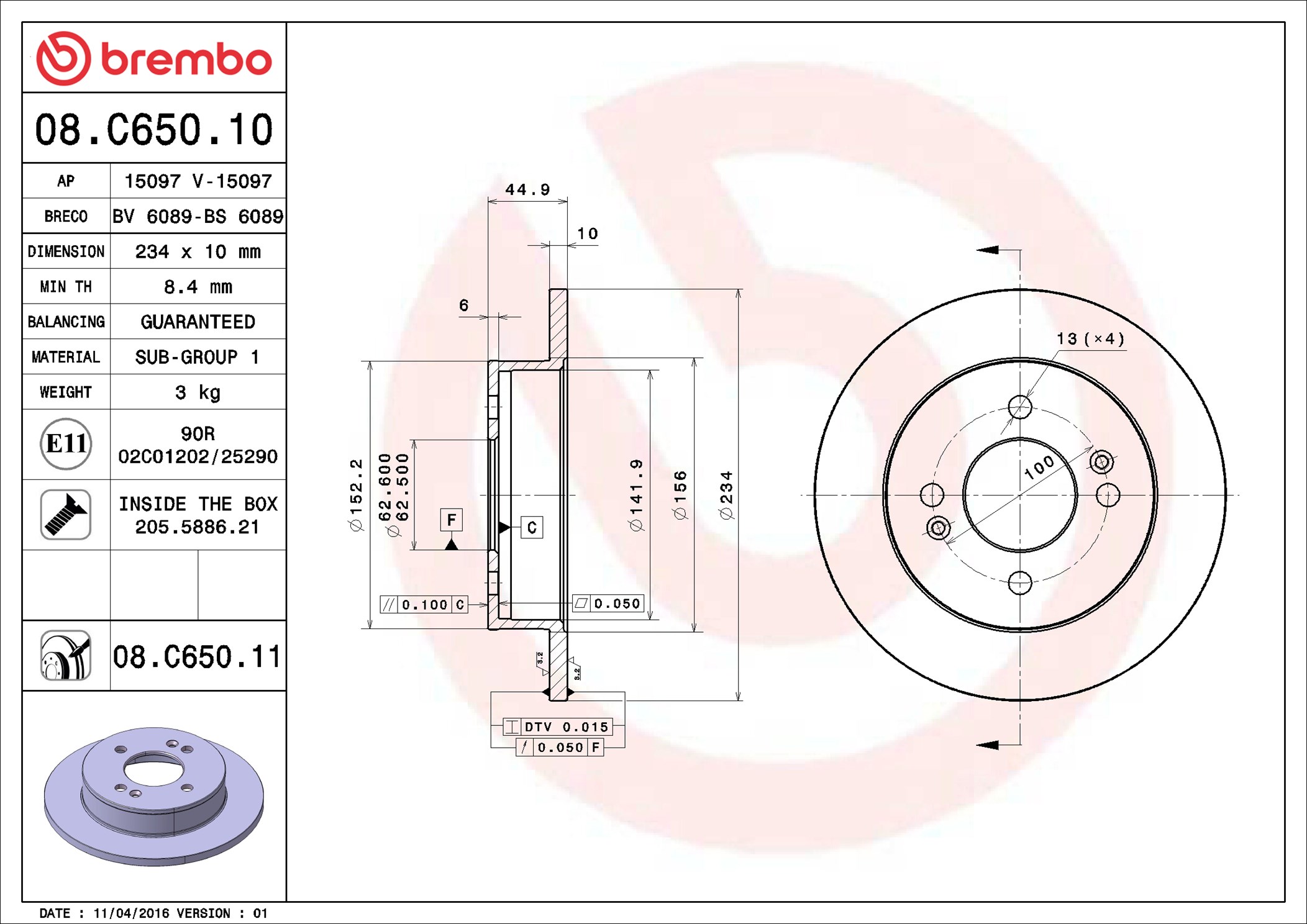Brembo 08.C650.11 2x Brake Discs Pair Solid
