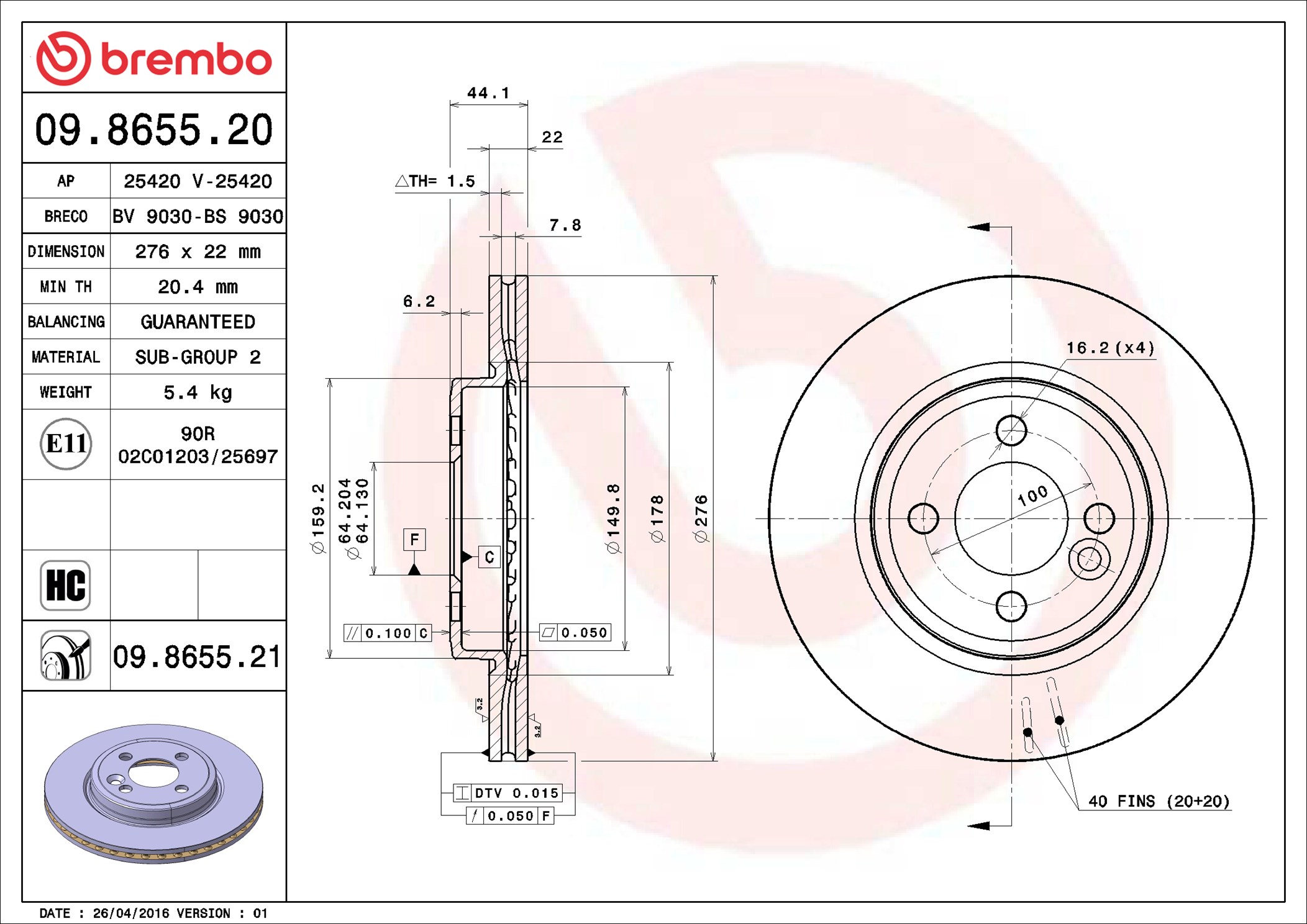 Brembo 09.8655.21 2x Brake Discs Pair Vented