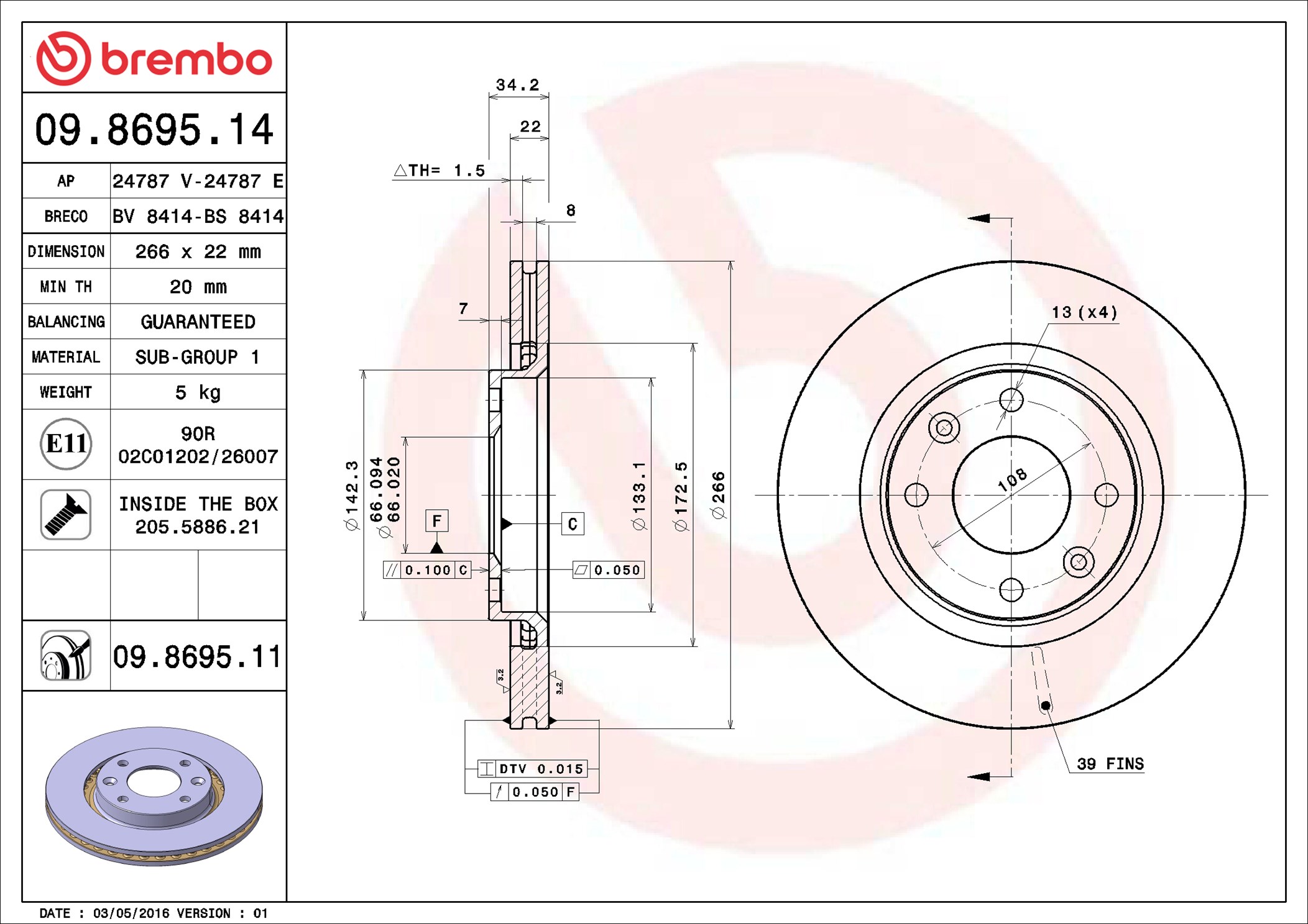 Brembo 09.8695.11 2x Brake Discs Pair Vented