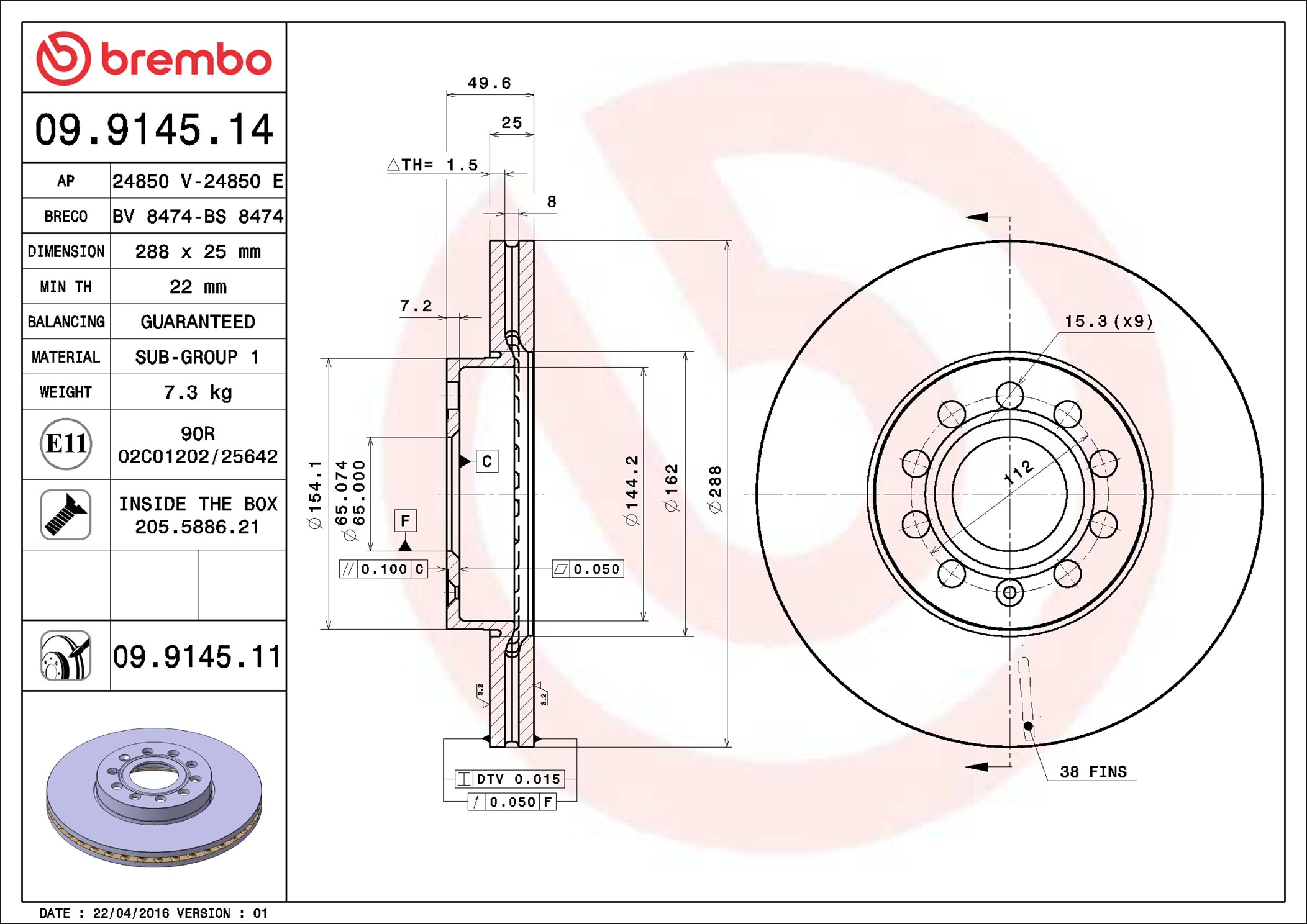 Brembo 09.9145.11 2x Brake Discs Pair Vented
