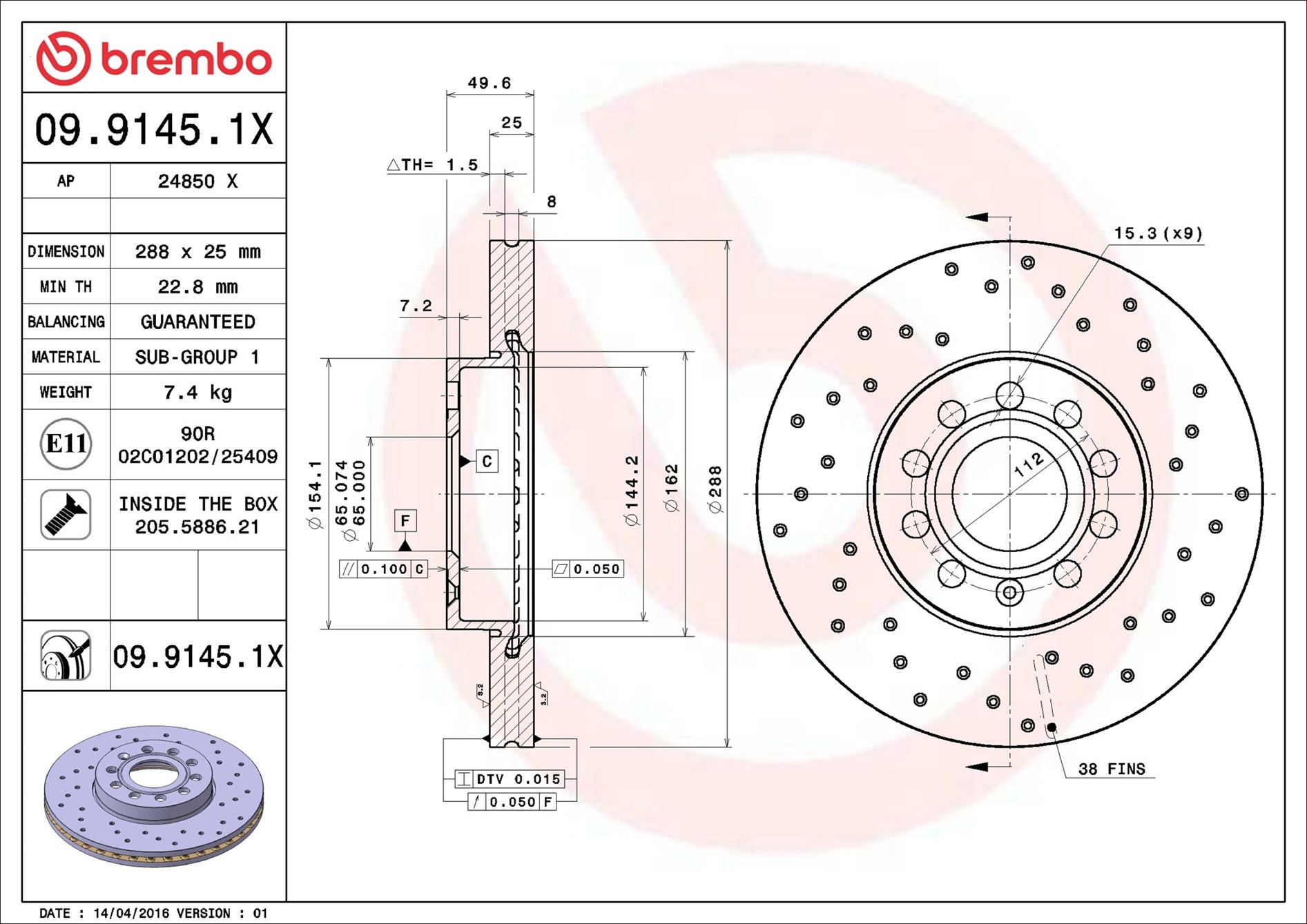 Brembo 09.9145.1X 2x Brake Discs Pair Vented