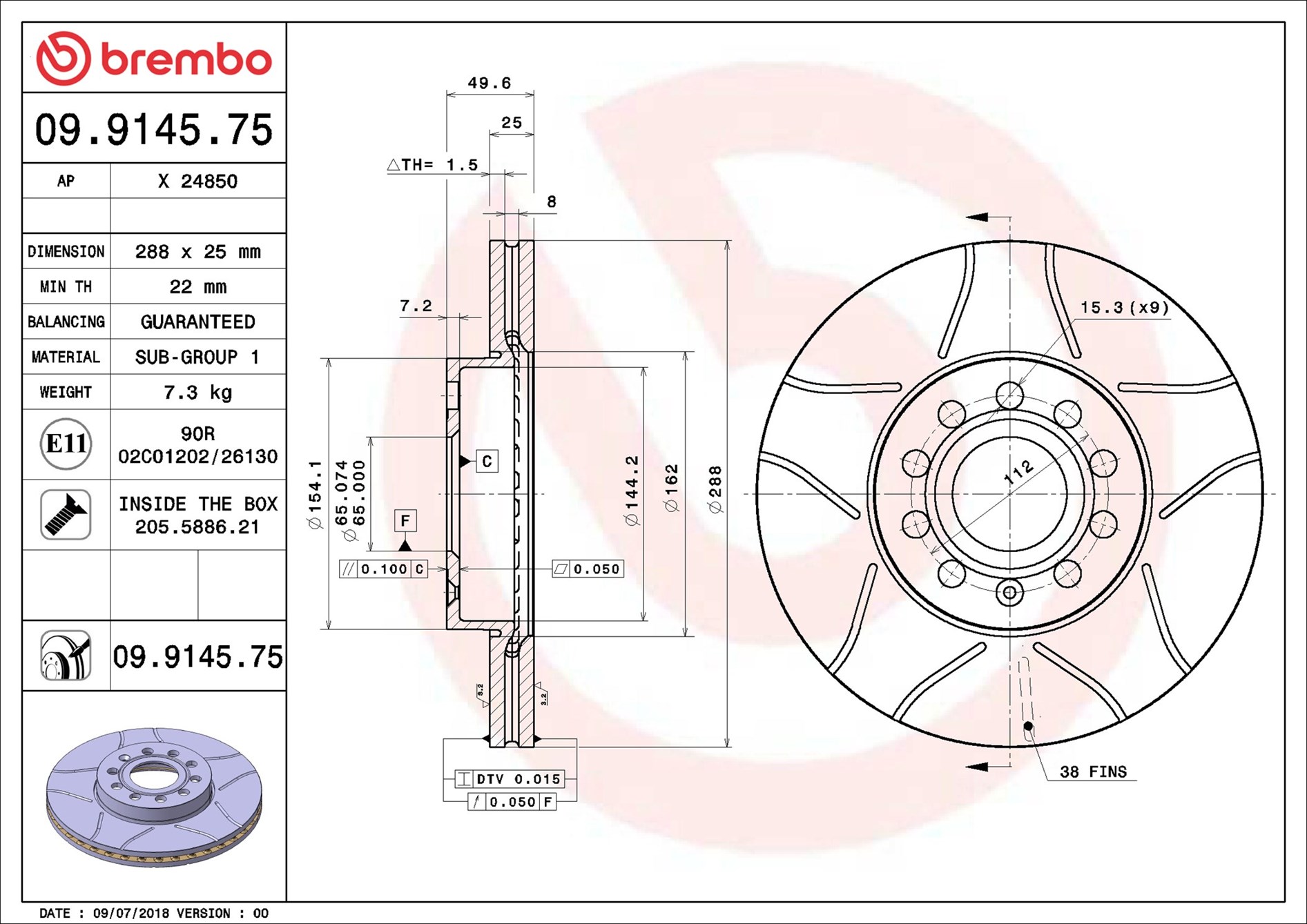 Brembo 09.9145.75 2x Brake Discs Pair Vented