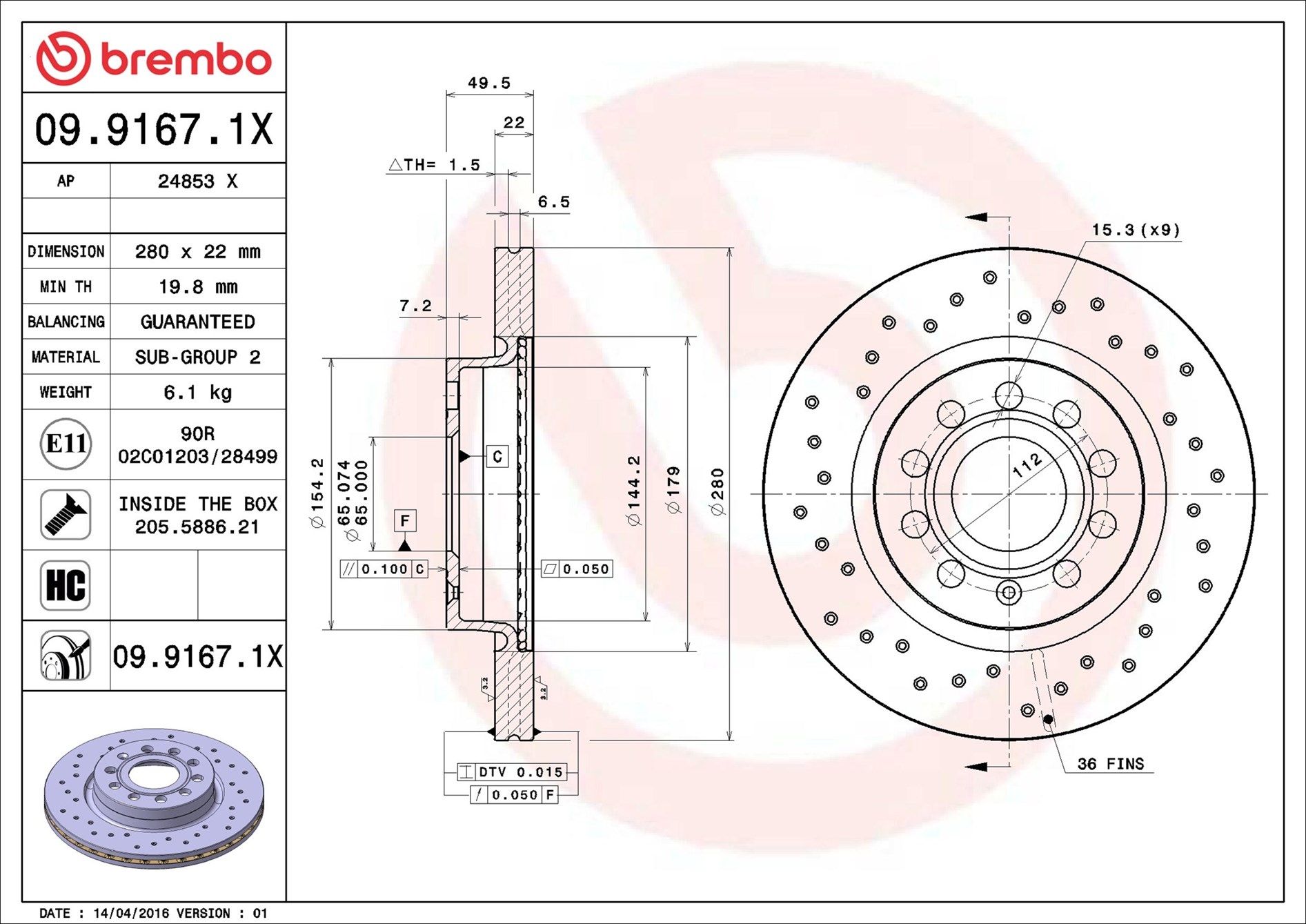Brembo 09.9167.1X 2x Brake Discs Pair Vented