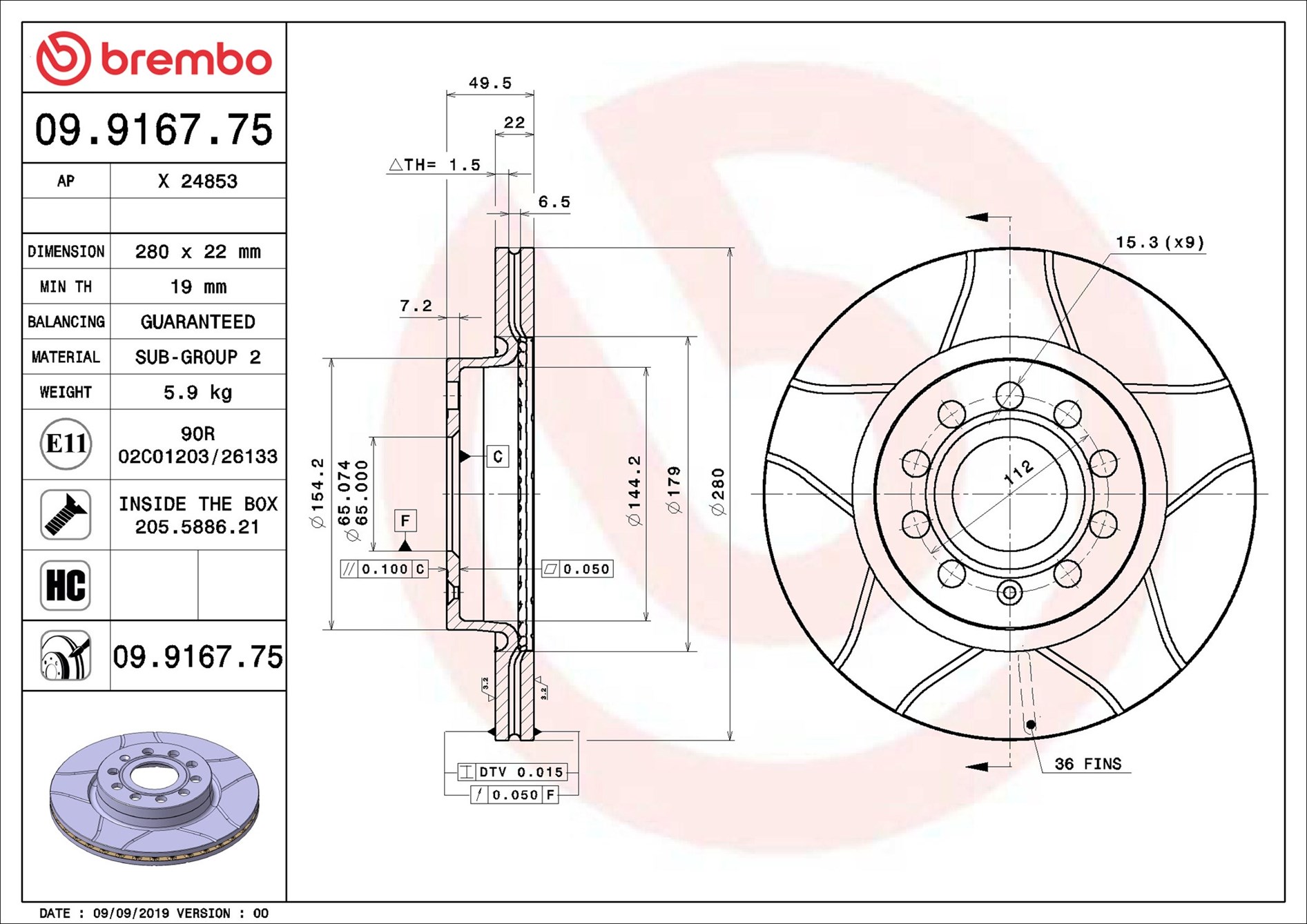 Brembo 09.9167.75 2x Brake Discs Pair Vented