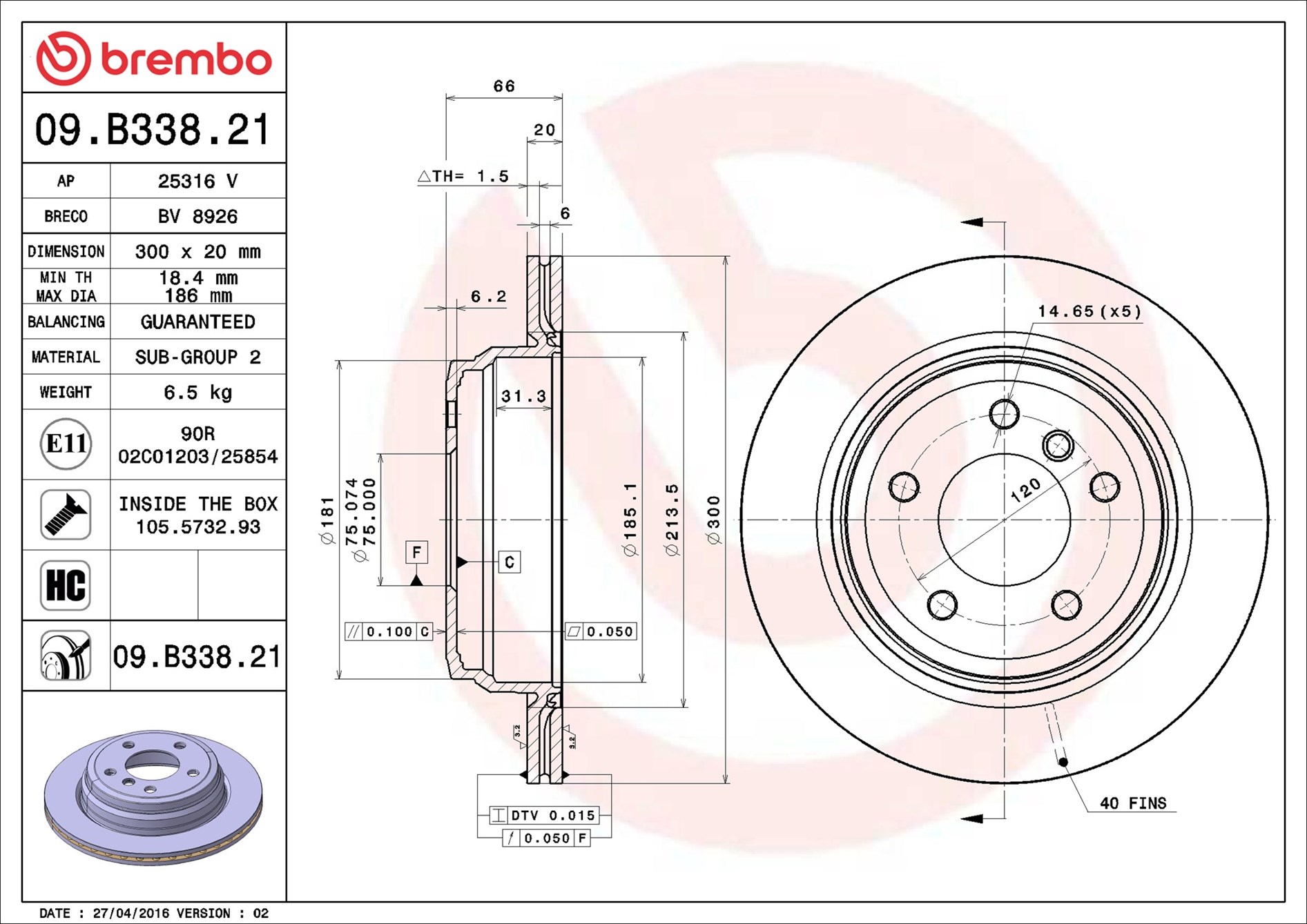 Brembo 09.B338.21 2x Brake Discs Pair Vented