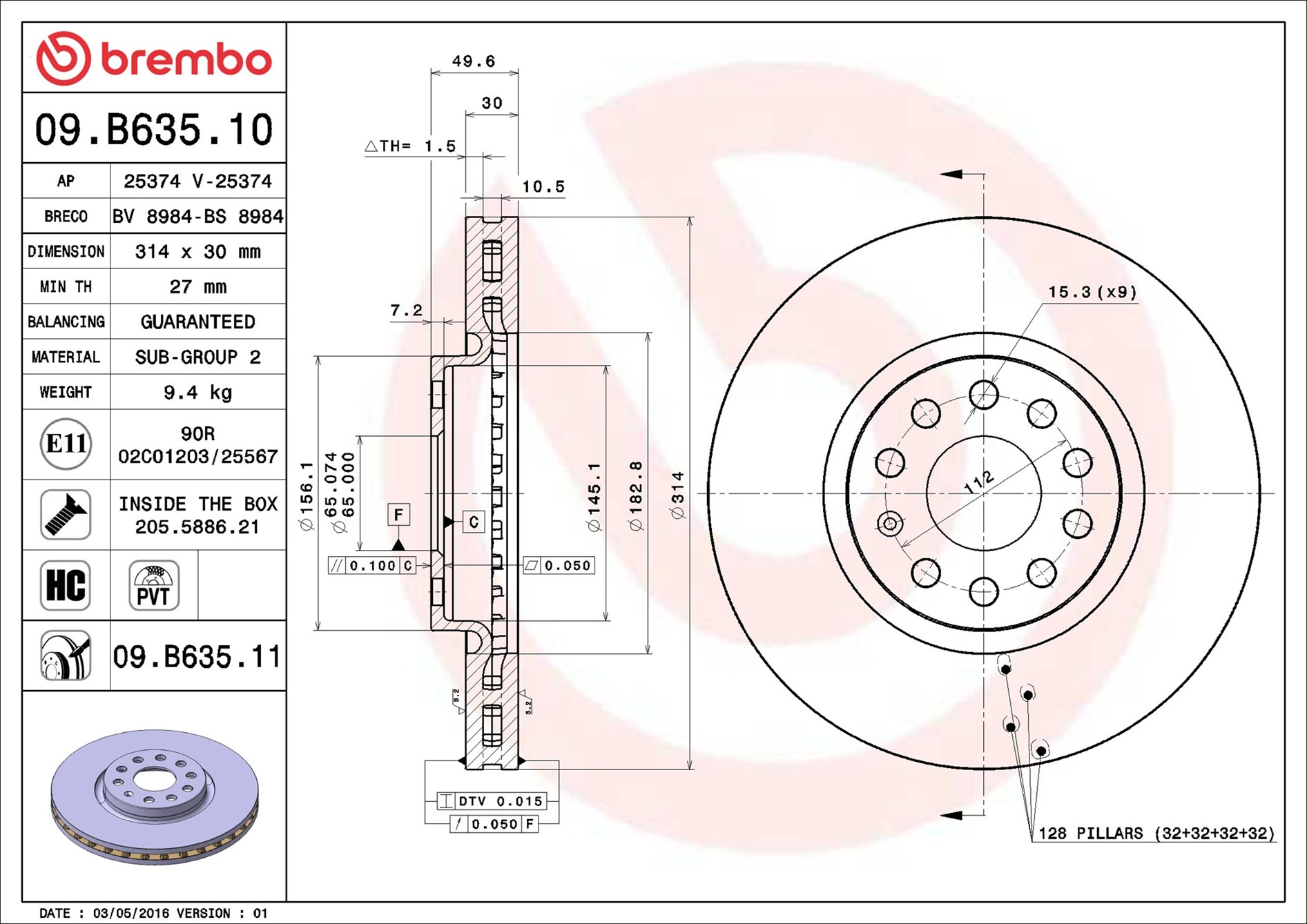Brembo 09.B635.11 2x Brake Discs Pair Vented