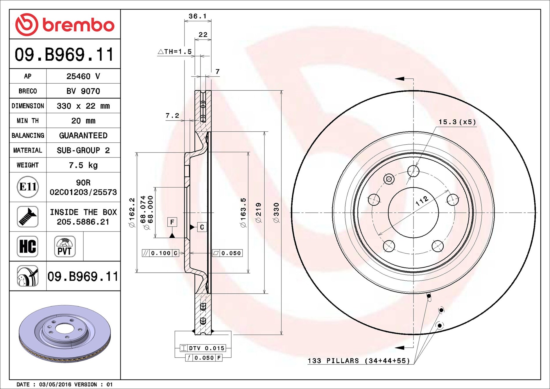 Brembo 09.B969.11 2x Brake Discs Pair Vented