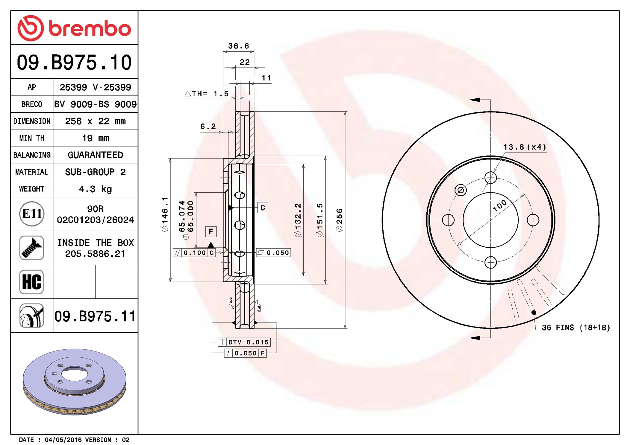 Brembo 09.B975.11 2x Brake Discs Pair Vented