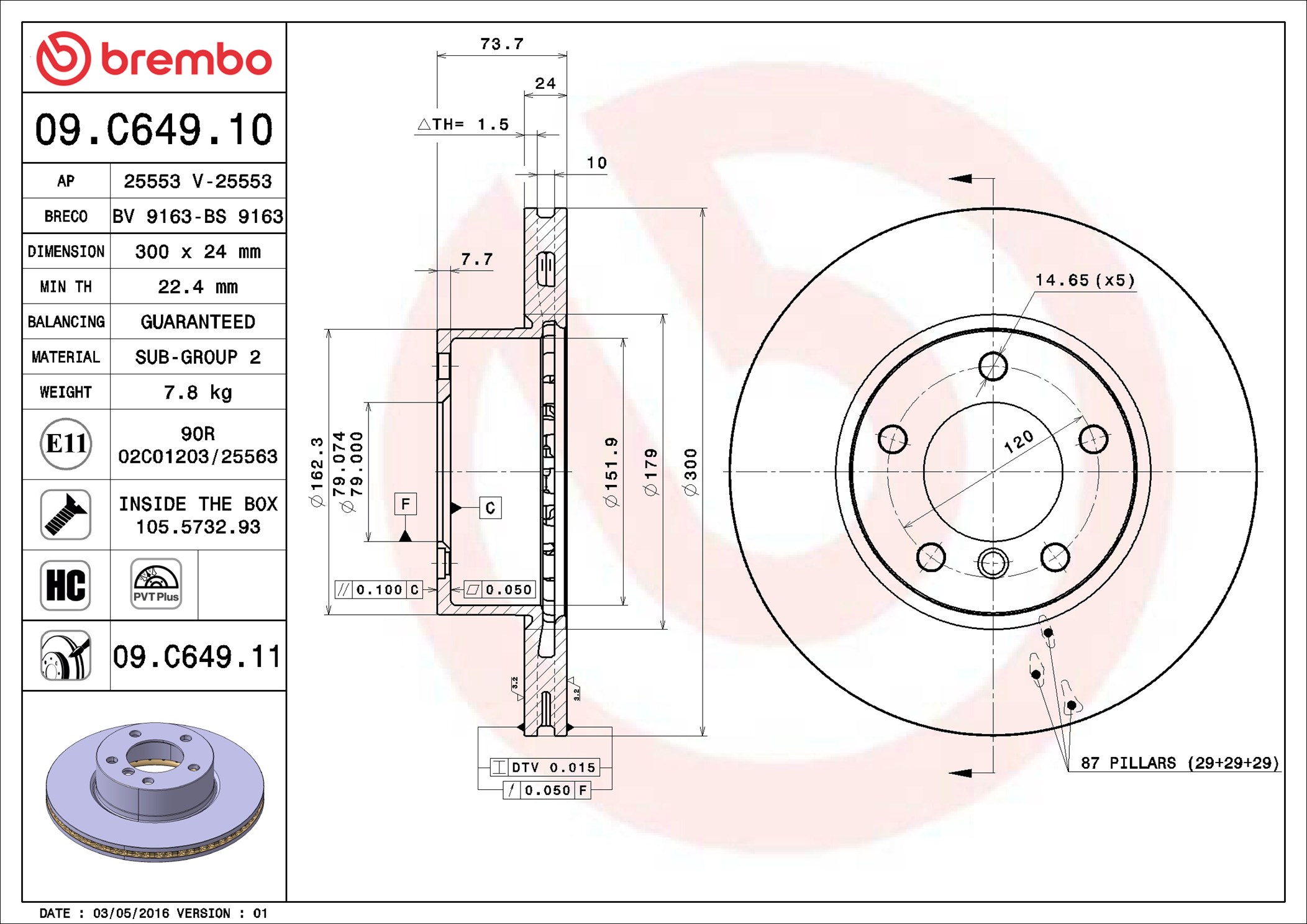 Brembo 09.C649.11 2x Brake Discs Pair Vented