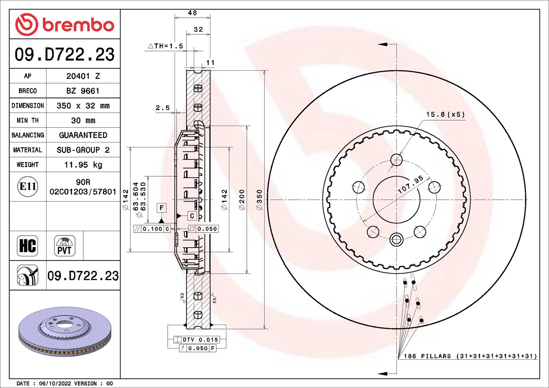 Brembo 09.D722.23 2x Brake Discs Pair Vented