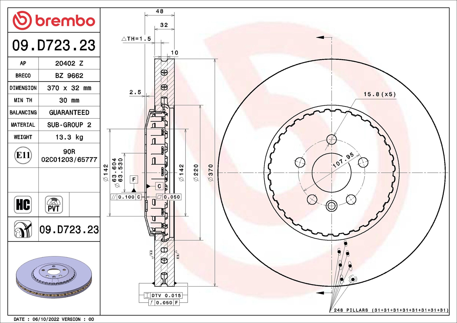Brembo 09.D723.23 2x Brake Discs Pair Vented