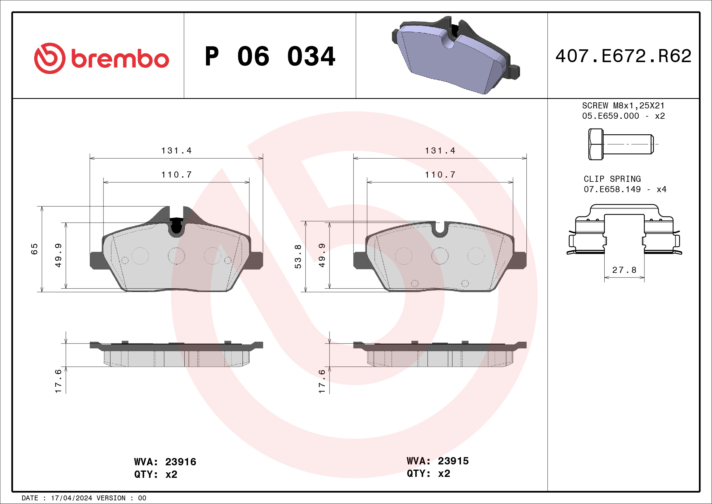 Brembo P06034X Brake Pads Set