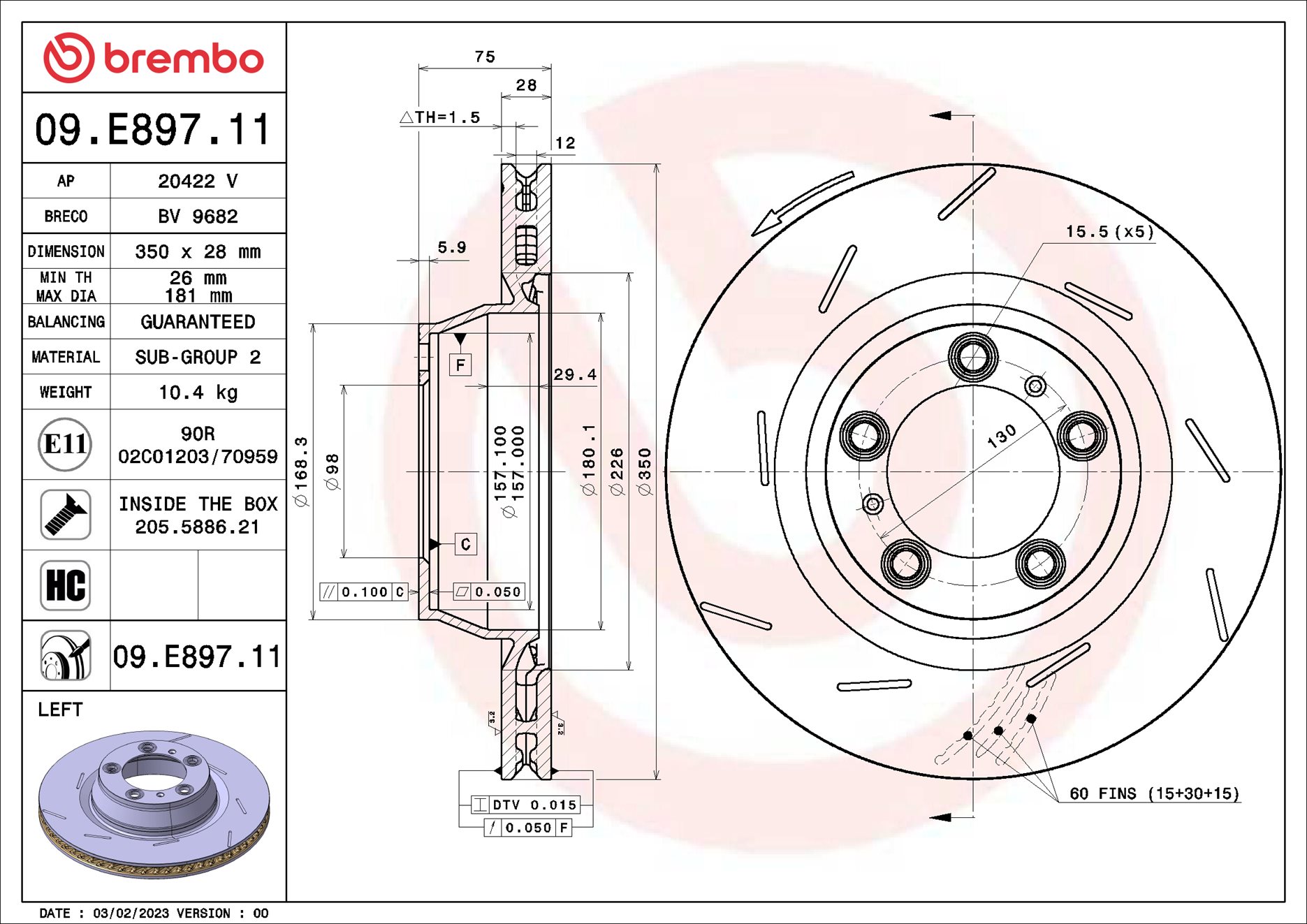 Brembo 09.E897.11 Brake Disc Single Vented