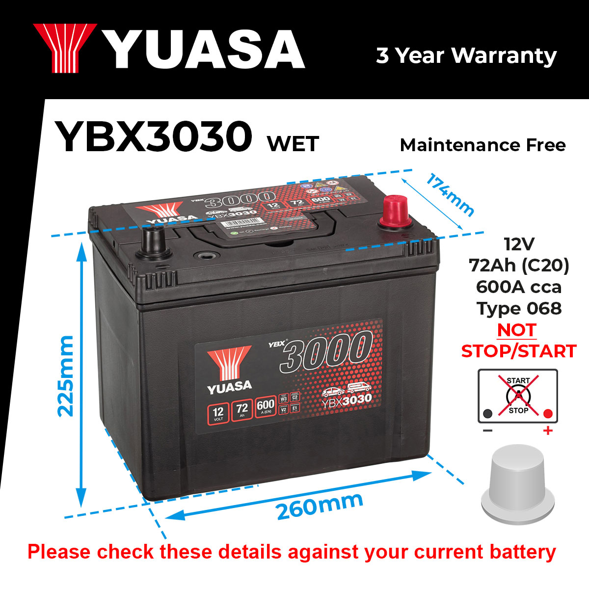 Yuasa YBX3030 Car Battery