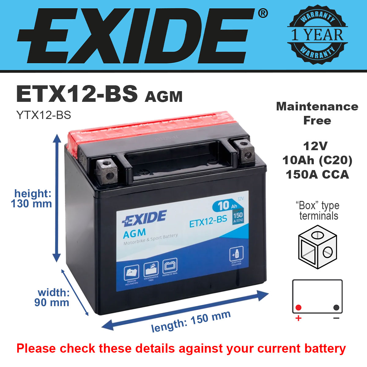 Exide YTX12-BS AGM Motorcycle Battery