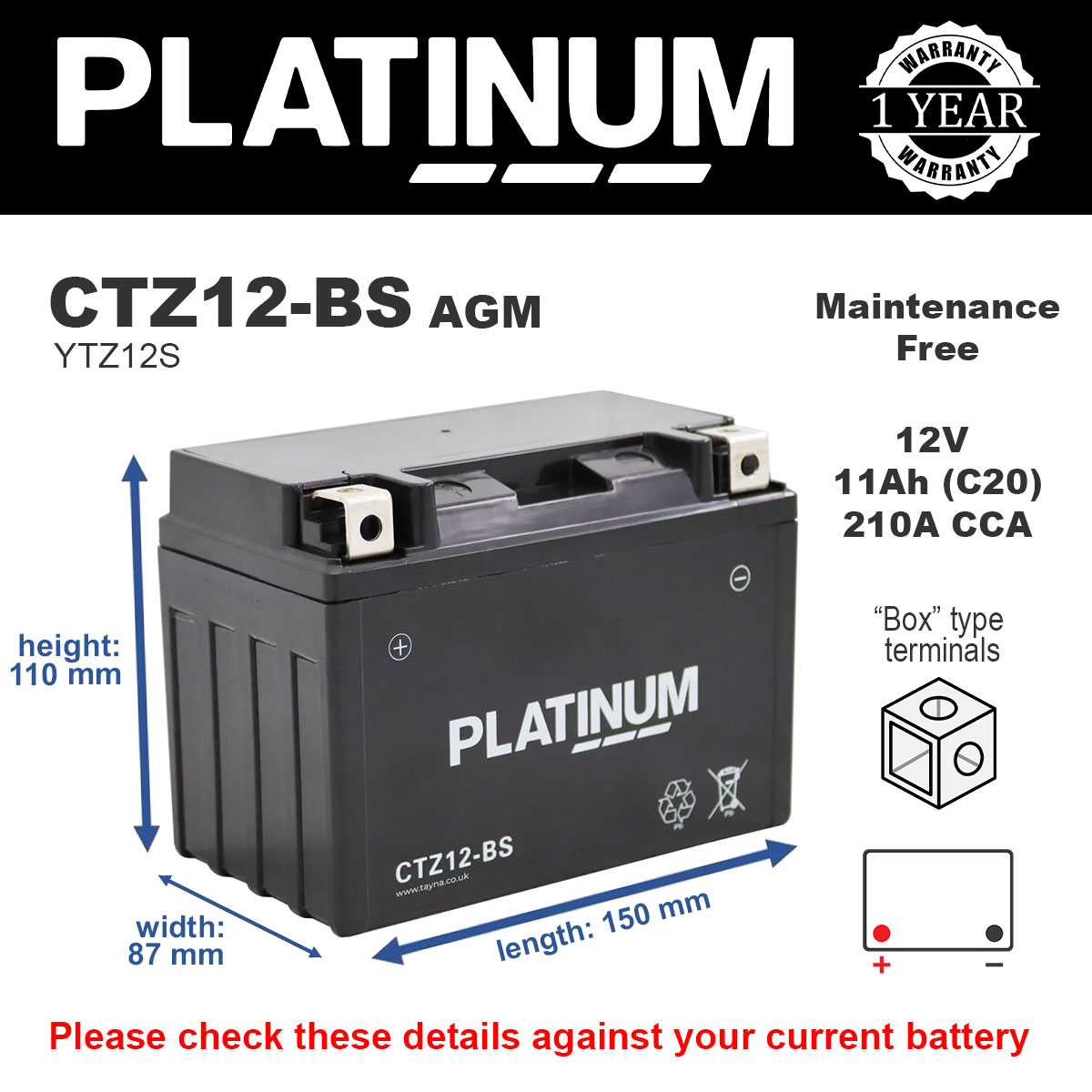 Platinum CTZ12-BS AGM Motorcycle Battery