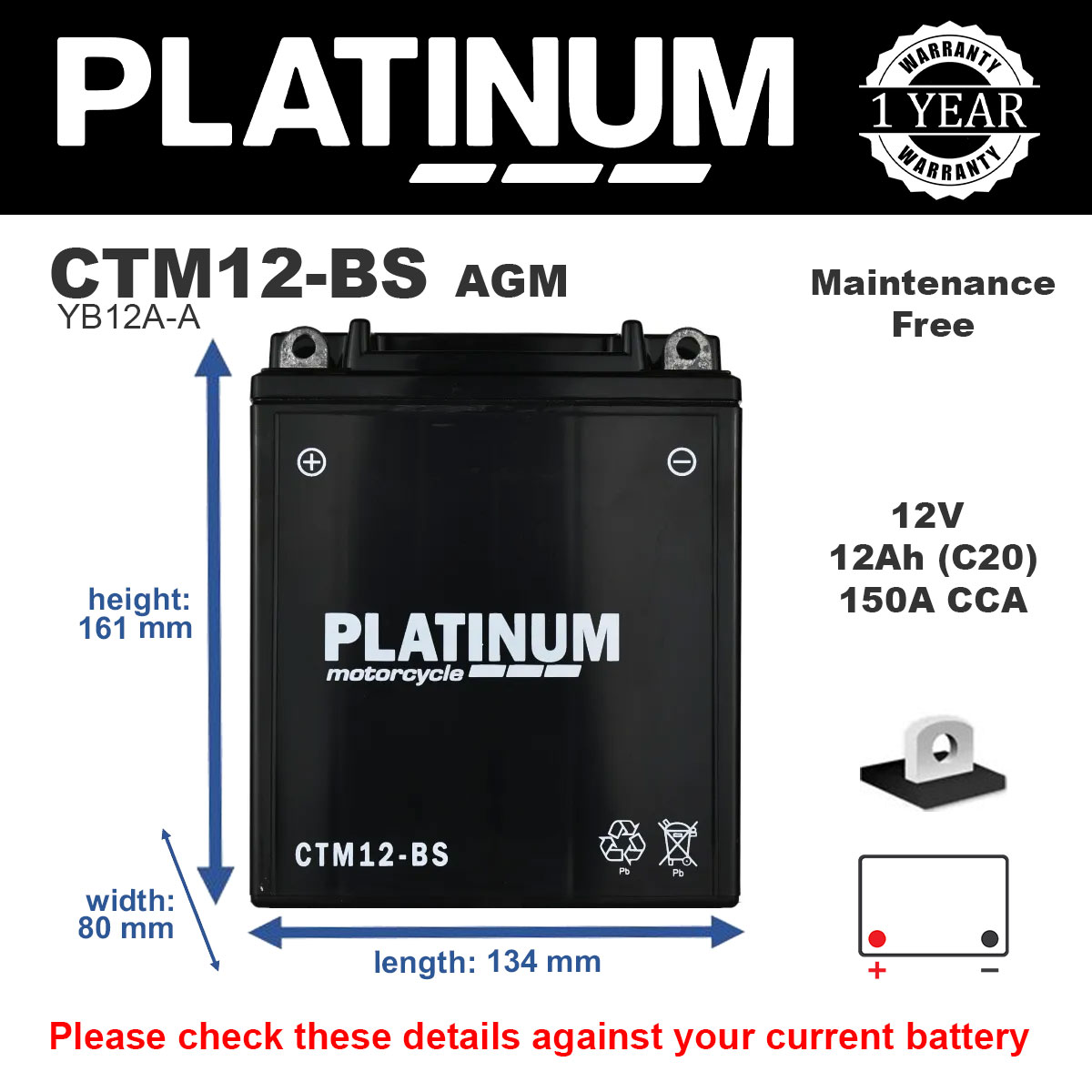Platinum CTM12-BS AGM Motorcycle Battery