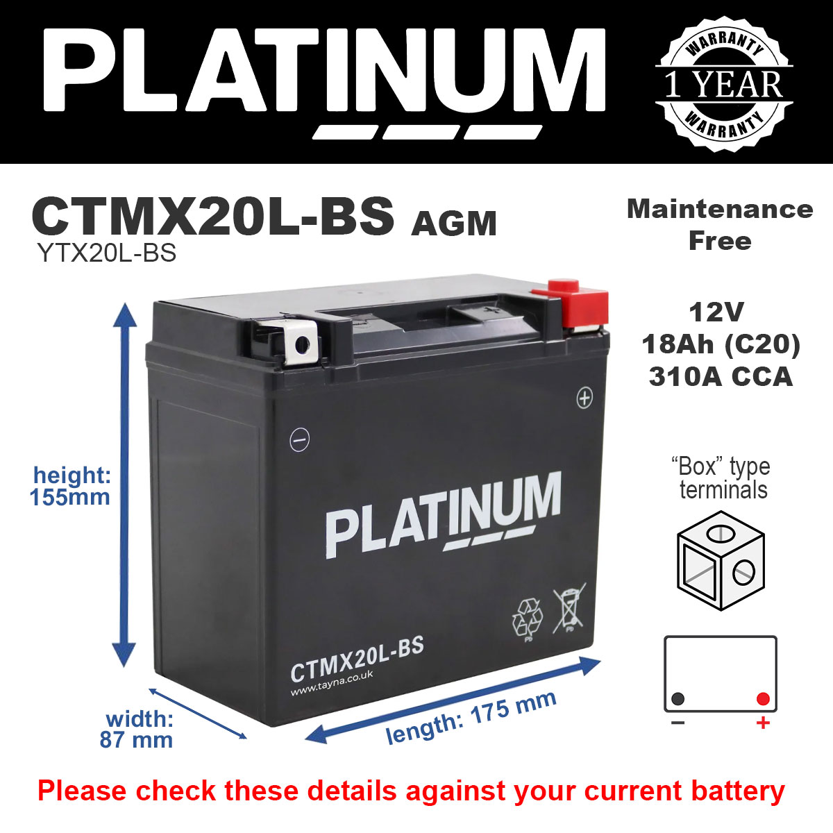 Platinum CTMX20L-BS AGM Motorcycle Battery