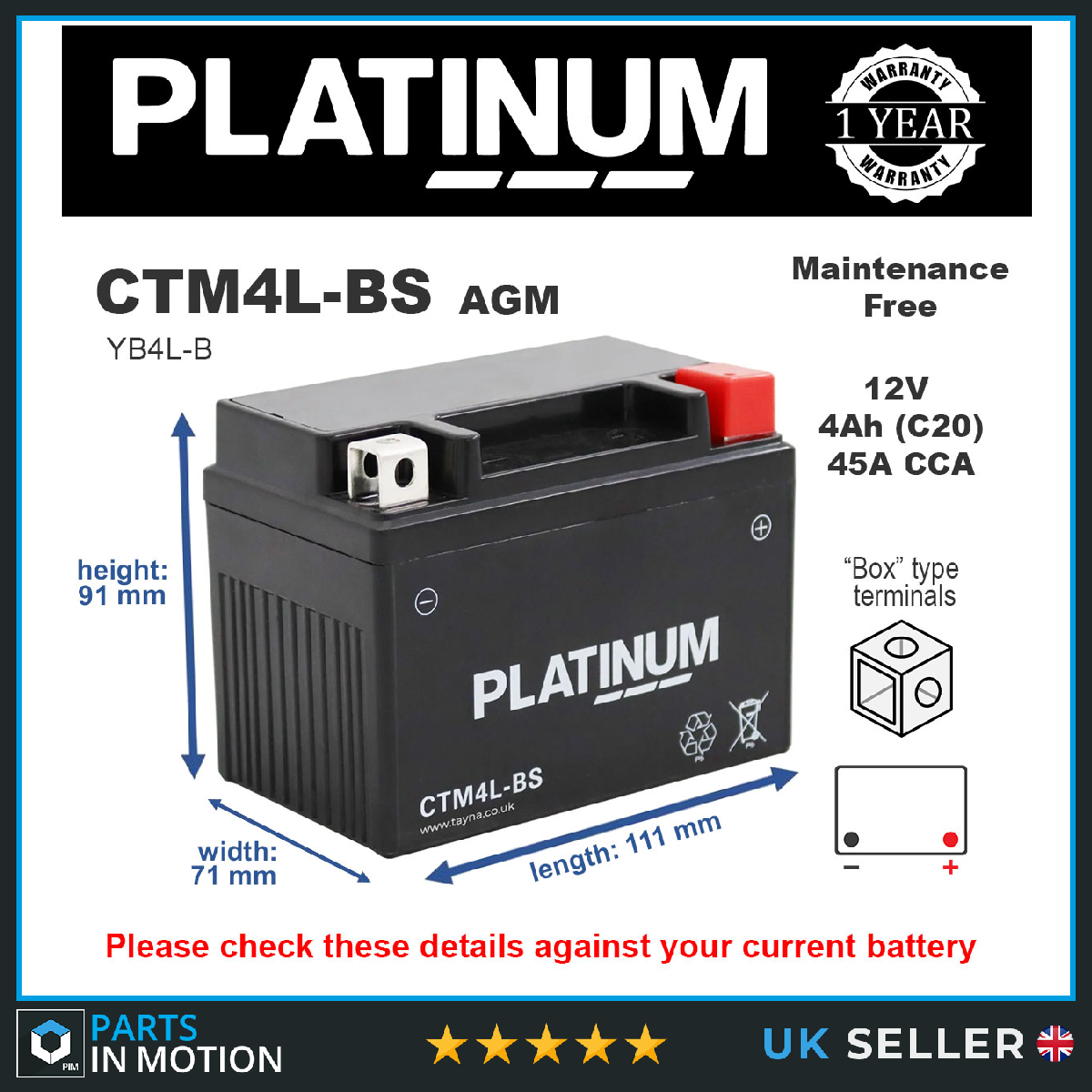 Platinum Hp Mf Agm 4ah 45cca Wc 1yr CTM4L-BS [PM1619238]