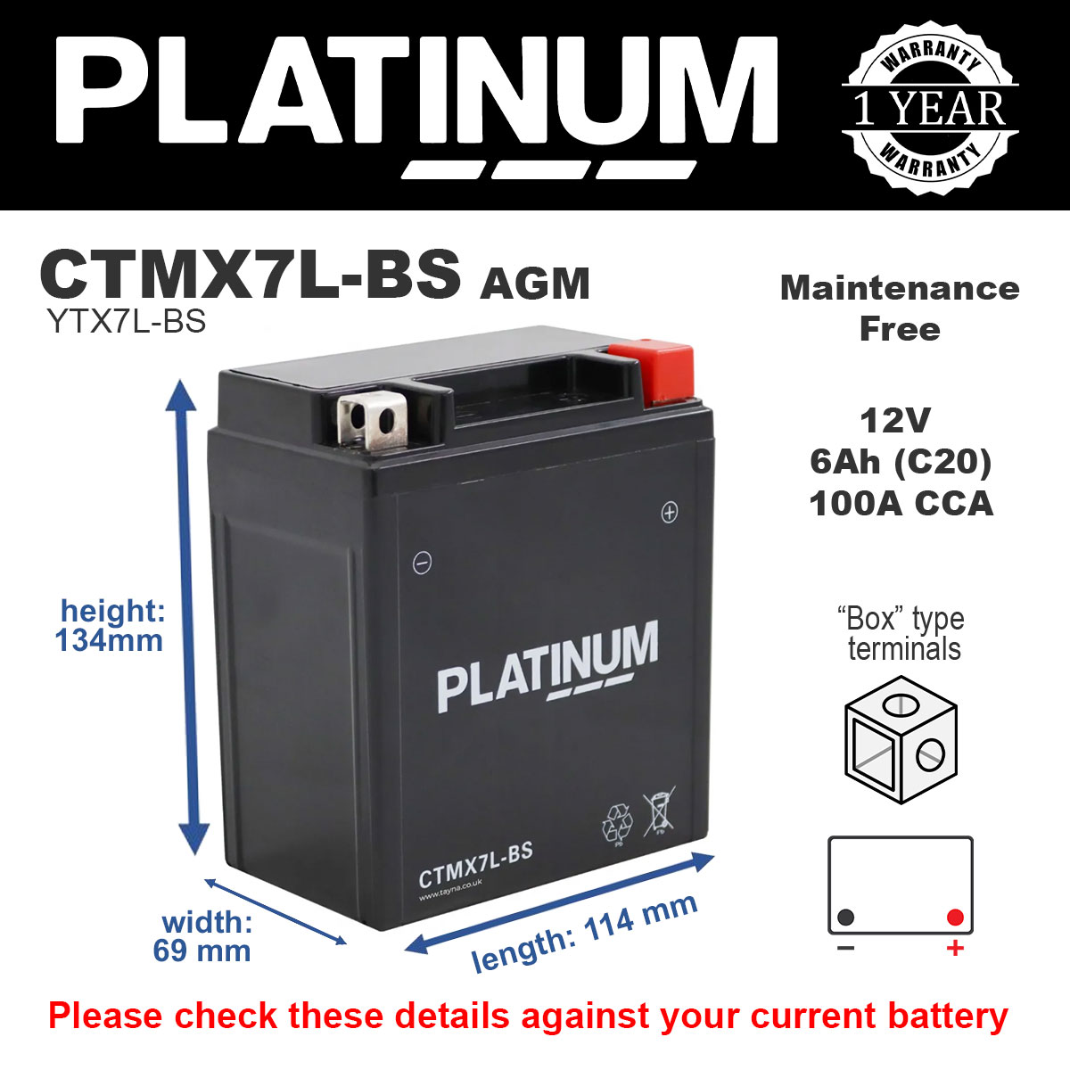 Platinum CTMX7L-BS AGM Motorcycle Battery
