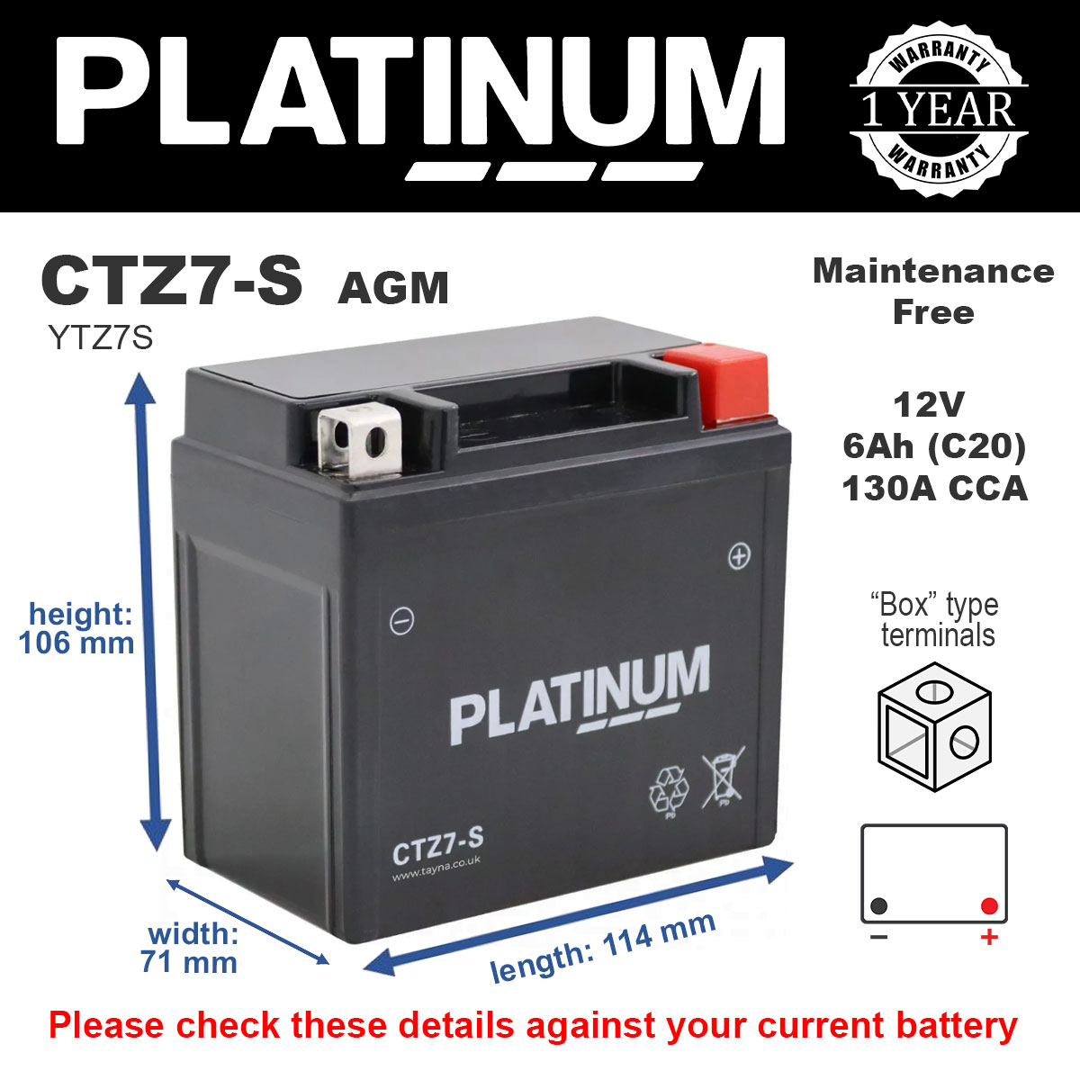 Platinum CTZ7-S AGM Motorcycle Battery