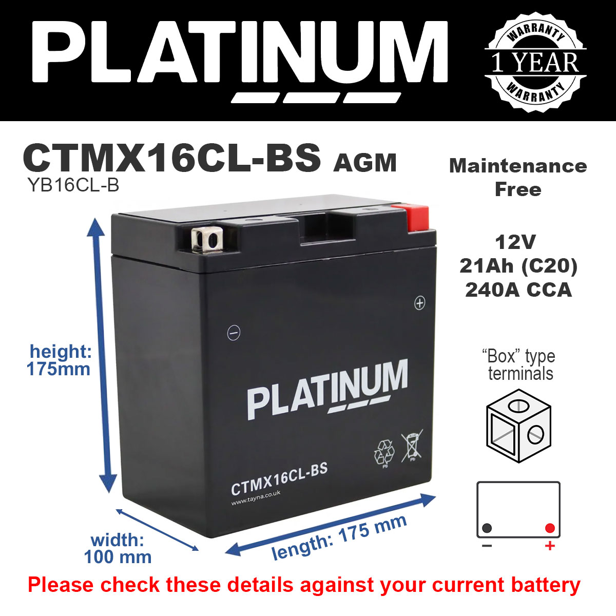 Platinum CTMX16CL-BS AGM Motorcycle Battery