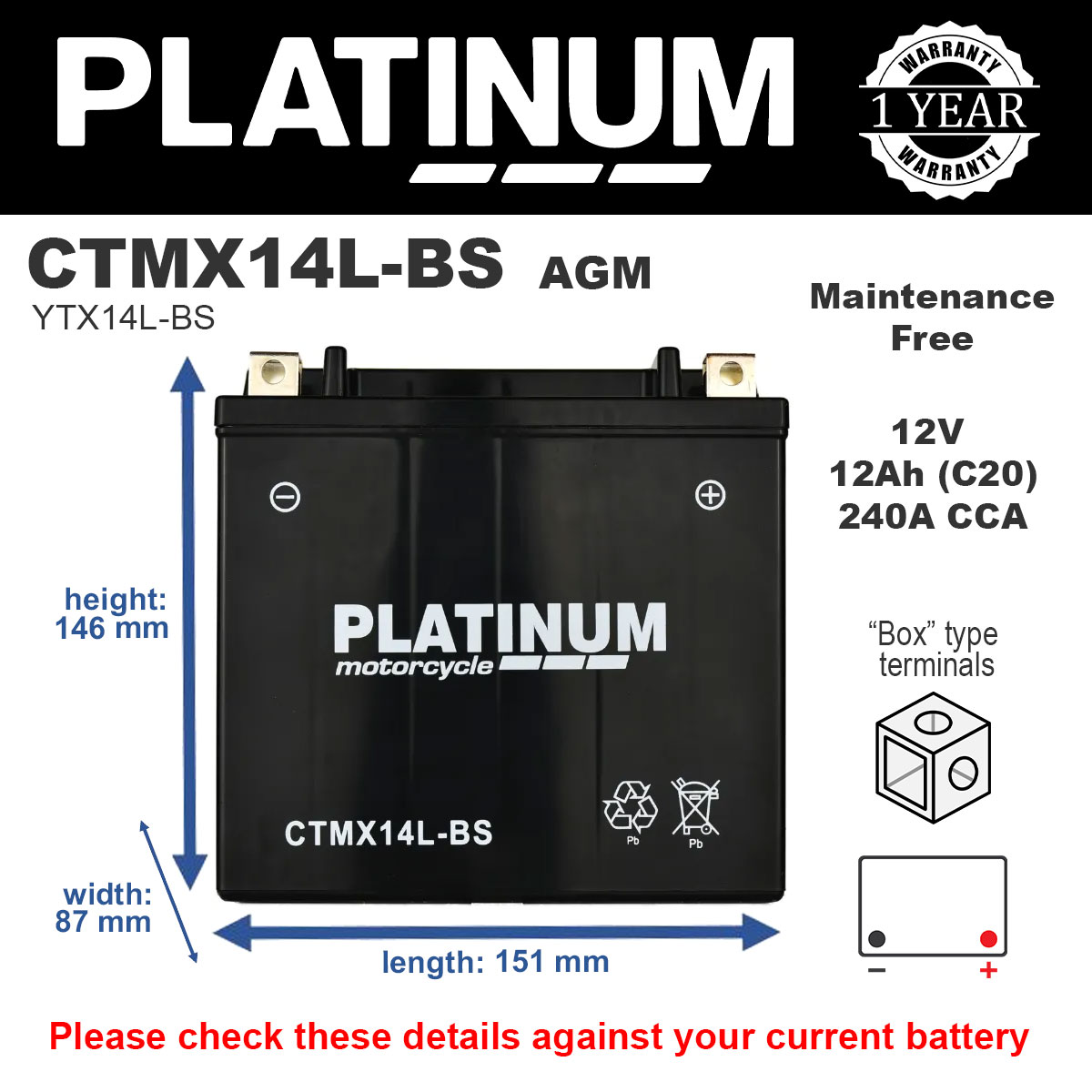 Platinum CTMX14L-BS AGM Motorcycle Battery
