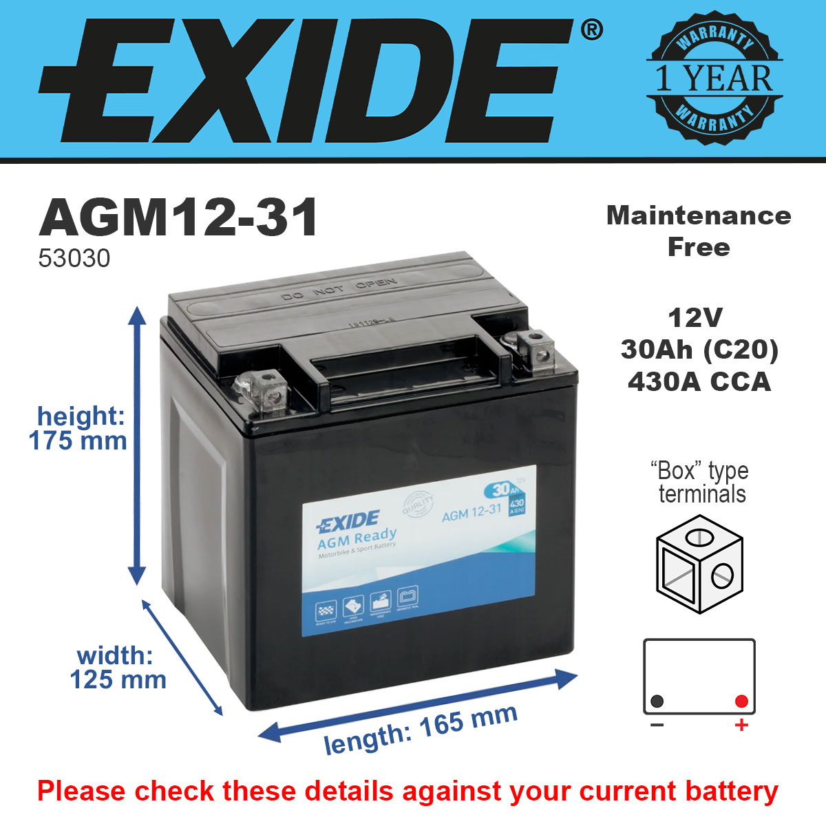 Exide AGM12-31 AGM Motorcycle Battery