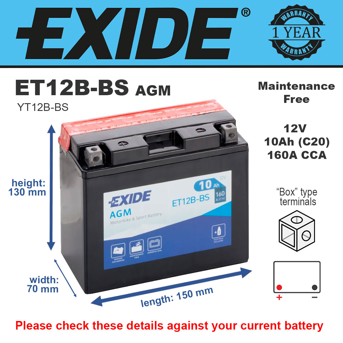 Exide ET12B-BS AGM Motorcycle Battery