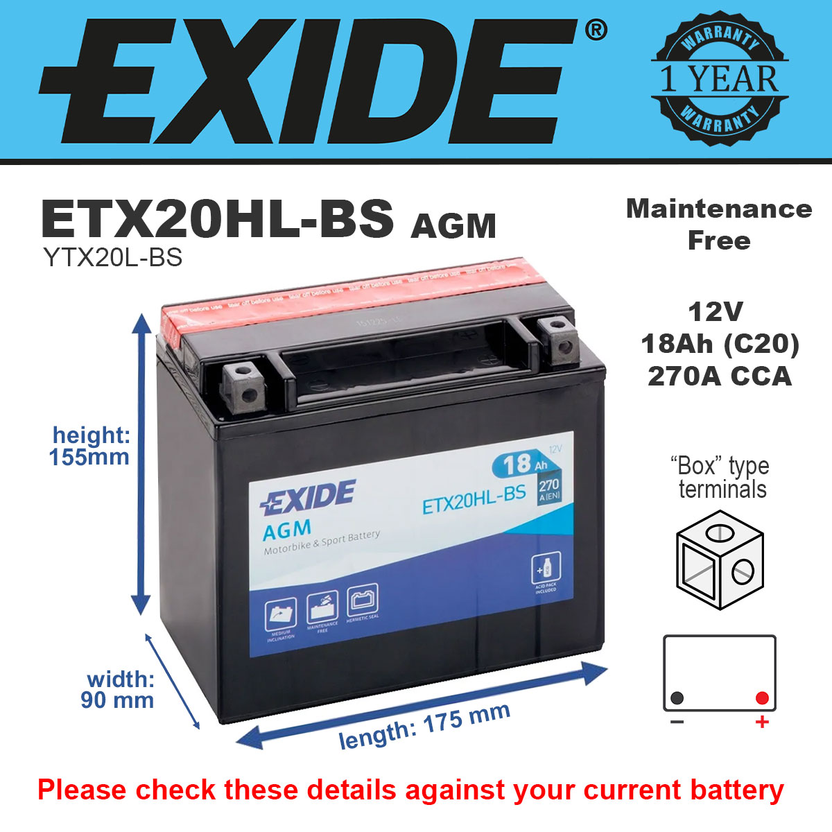 Exide ETX20HL-BS AGM Motorcycle Battery