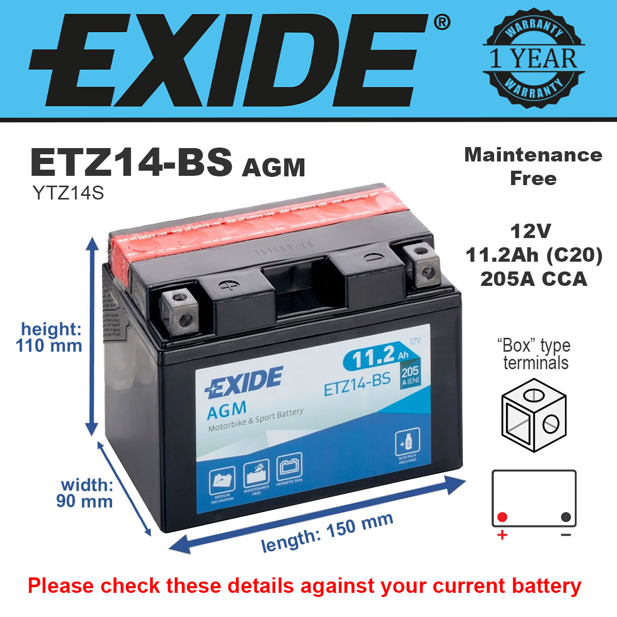 Exide ETZ14-BS AGM Motorcycle Battery