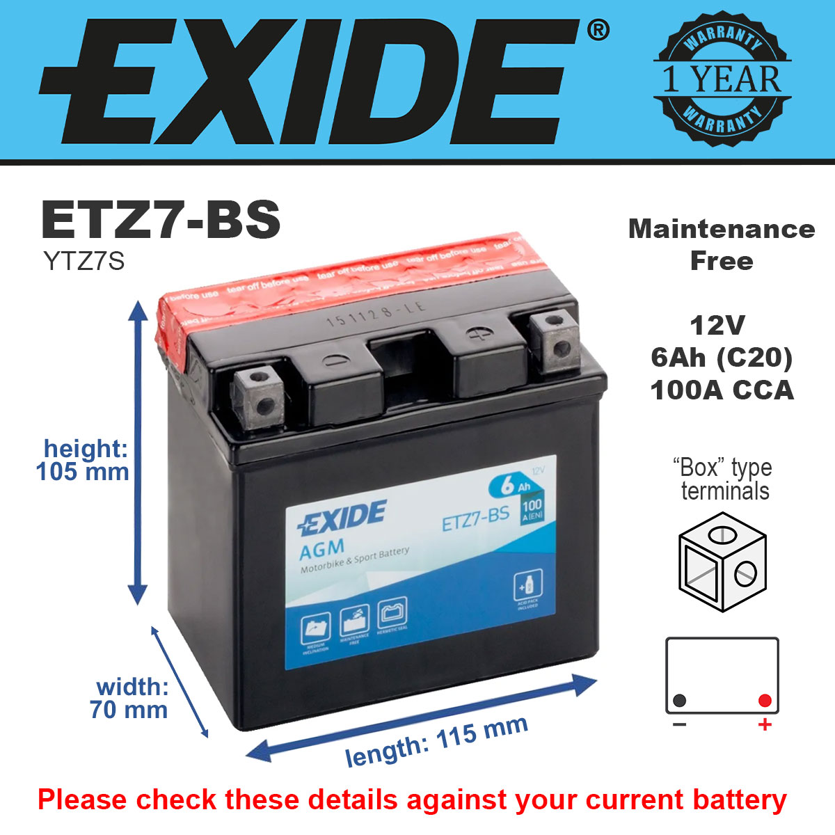 Exide ETZ7-BS AGM Motorcycle Battery