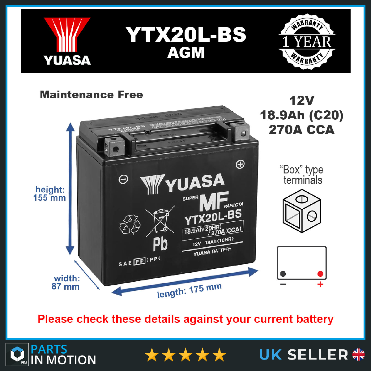 Genuine Yuasa YTX20L-BS High Power AGM GEL Motorbike Motorcycle 