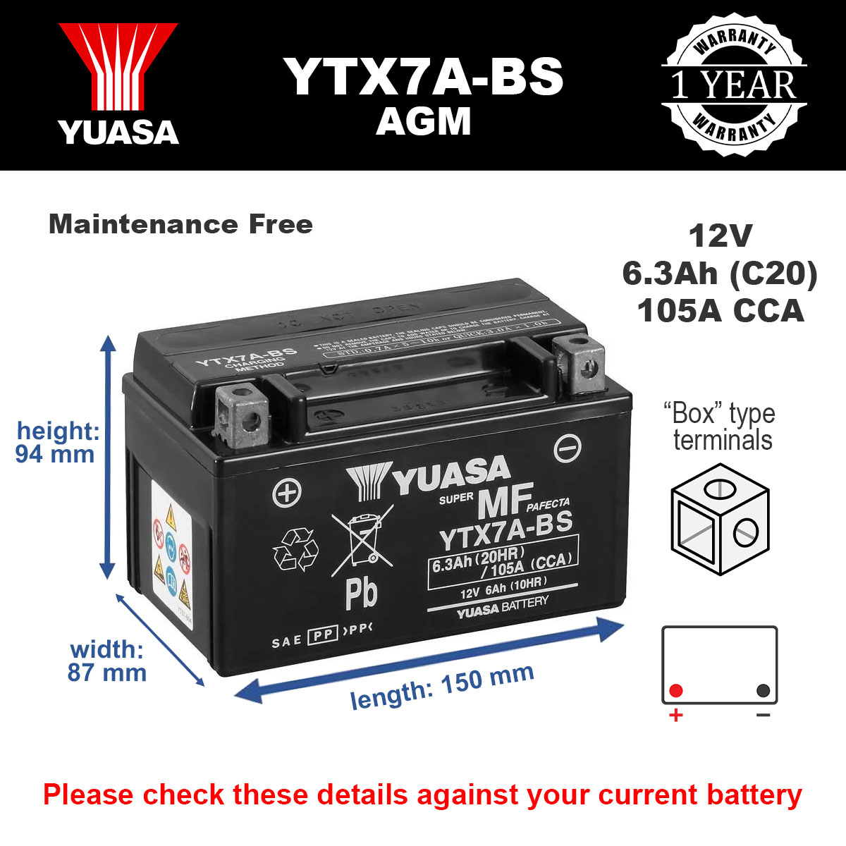 Yuasa YTX7A-BS AGM Motorcycle Battery