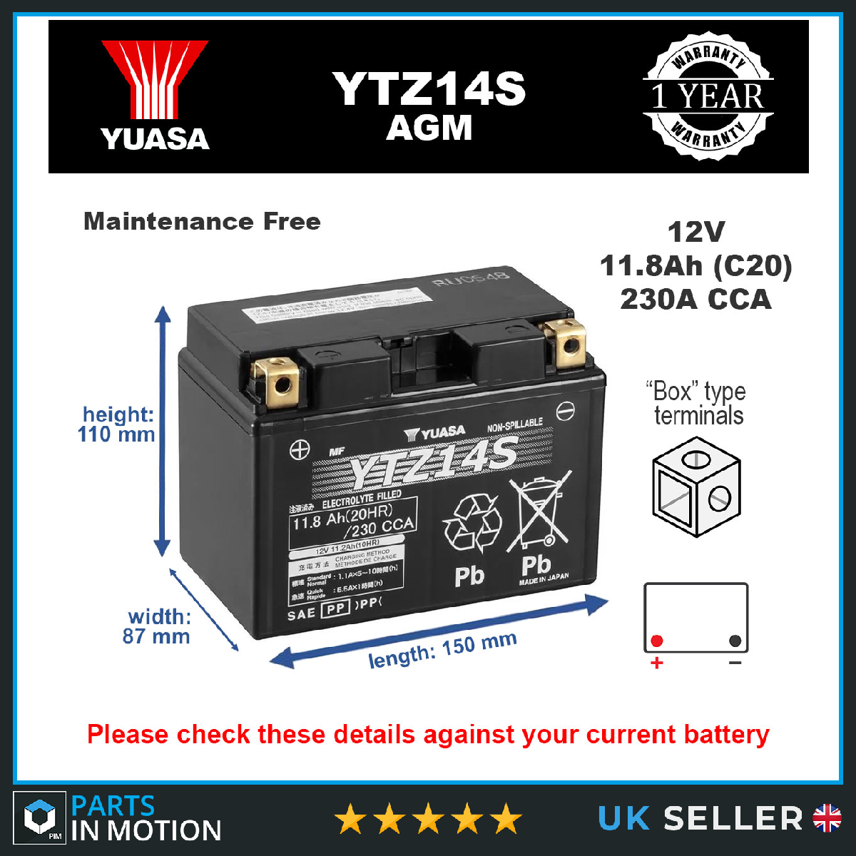 Yuasa AGM Motorcycle Battery YTZ14S [PM2410705]