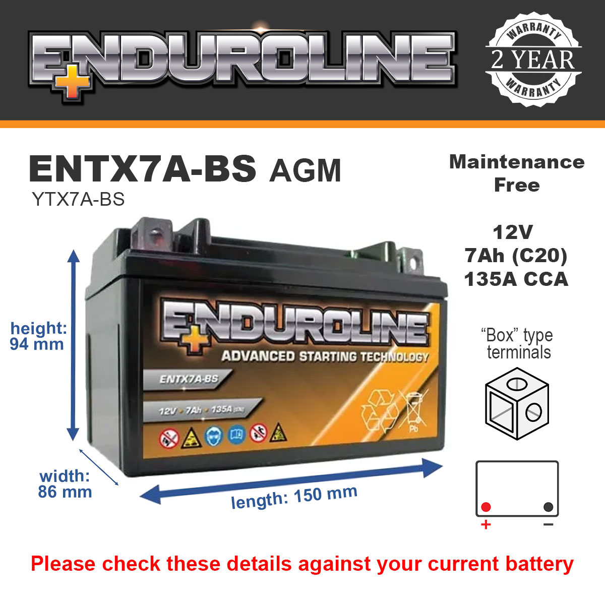 Enduroline ENTX7A-BS AGM Motorcycle Battery