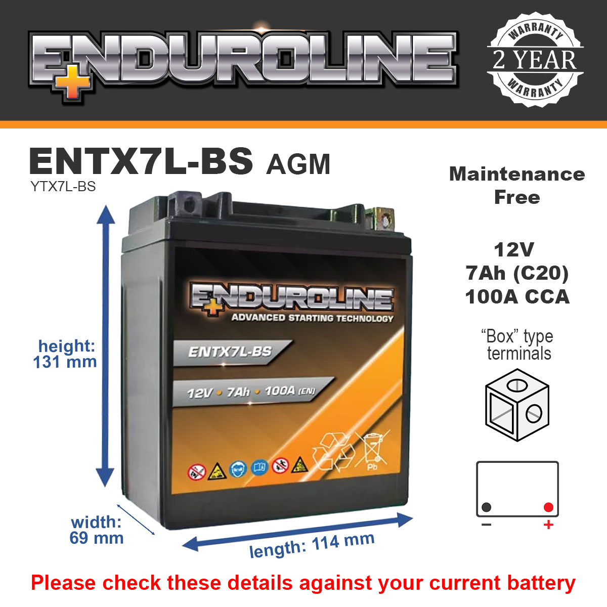 Enduroline ENTX7L-BS AGM Motorcycle Battery