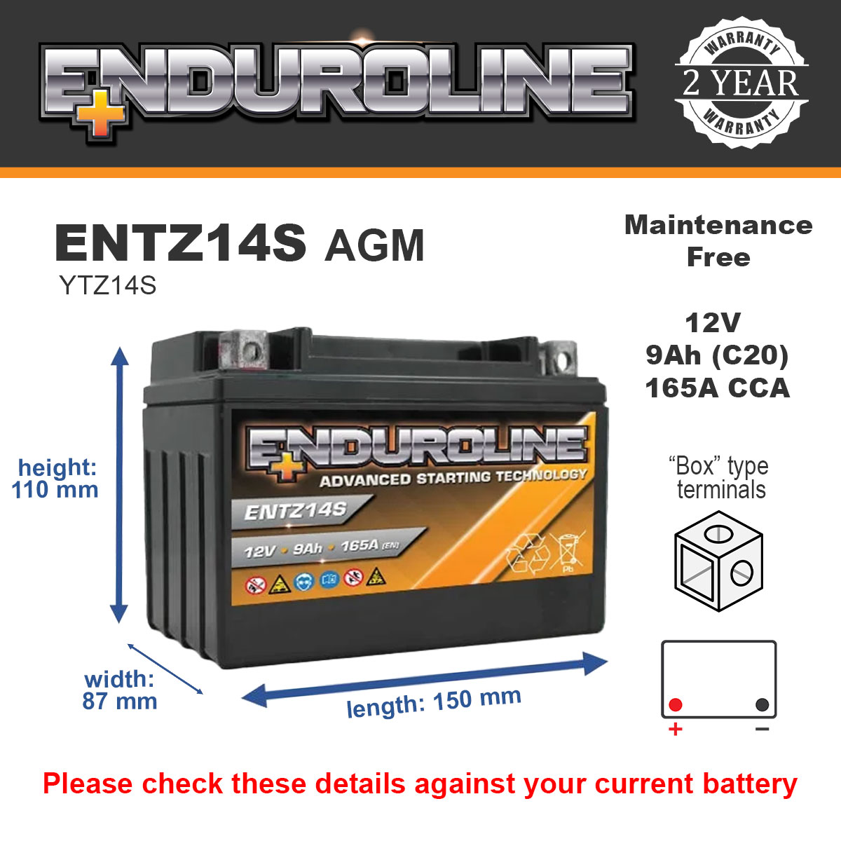Enduroline ENTZ14S AGM Motorcycle Battery