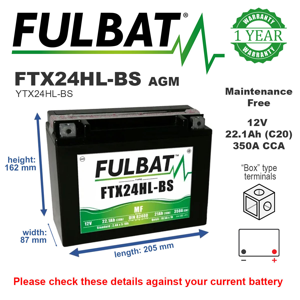 Fulbat FTX24HL-BS AGM Motorcycle Battery