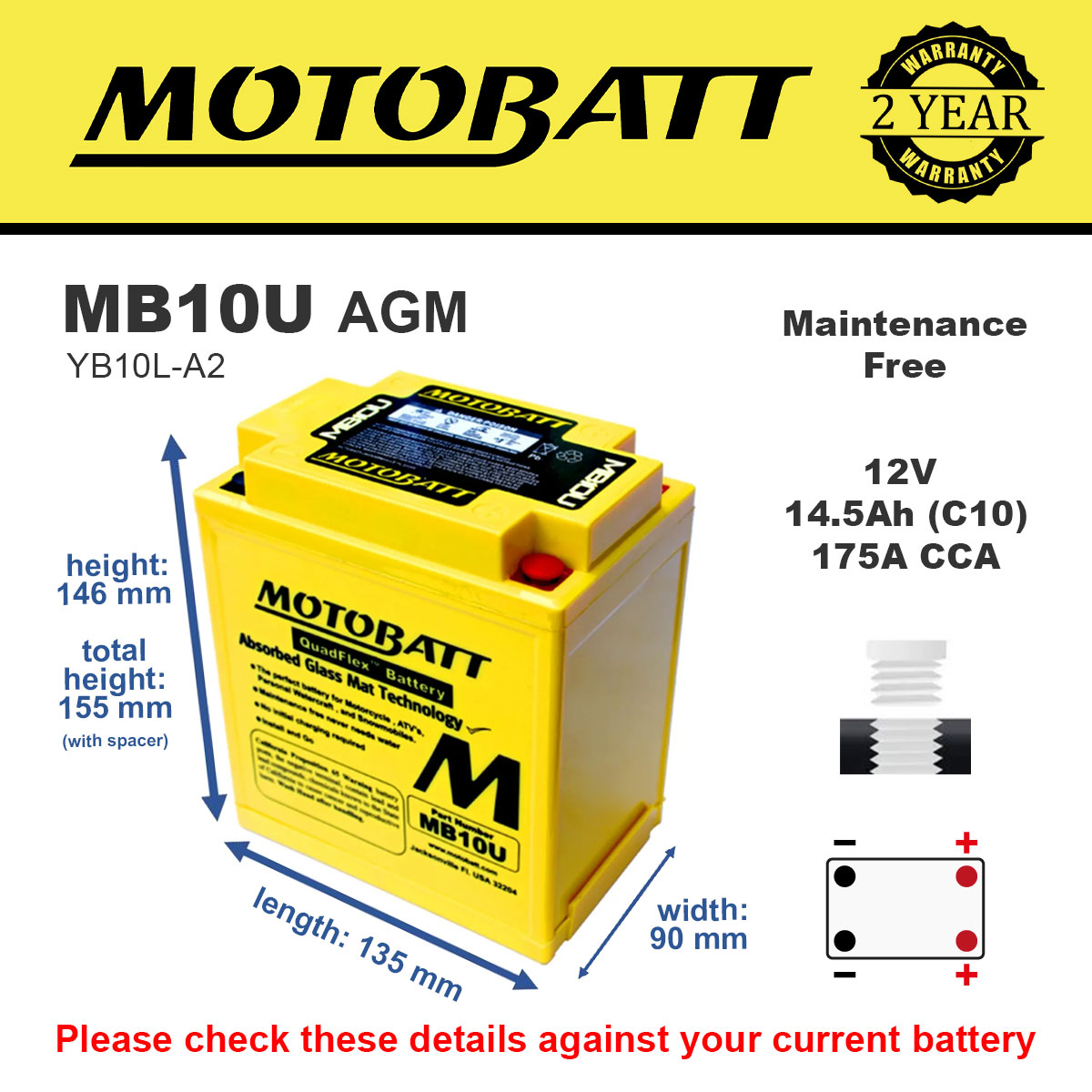 Motobatt MB10U AGM Motorcycle Battery