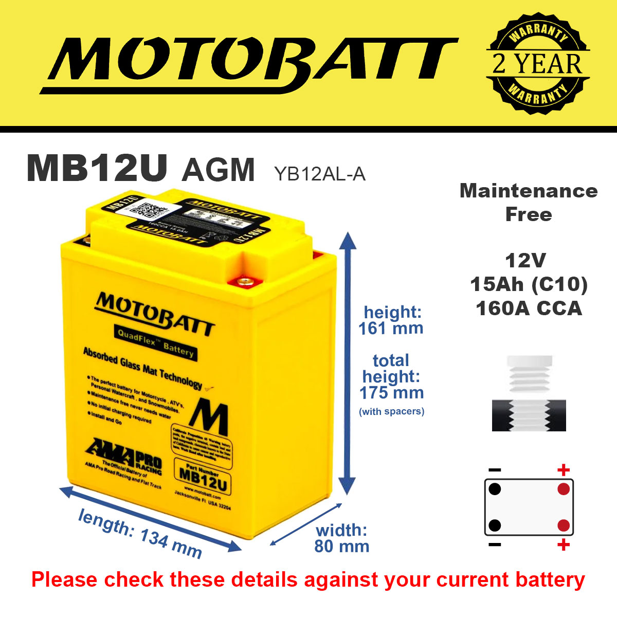 Motobatt MB12U AGM Motorcycle Battery