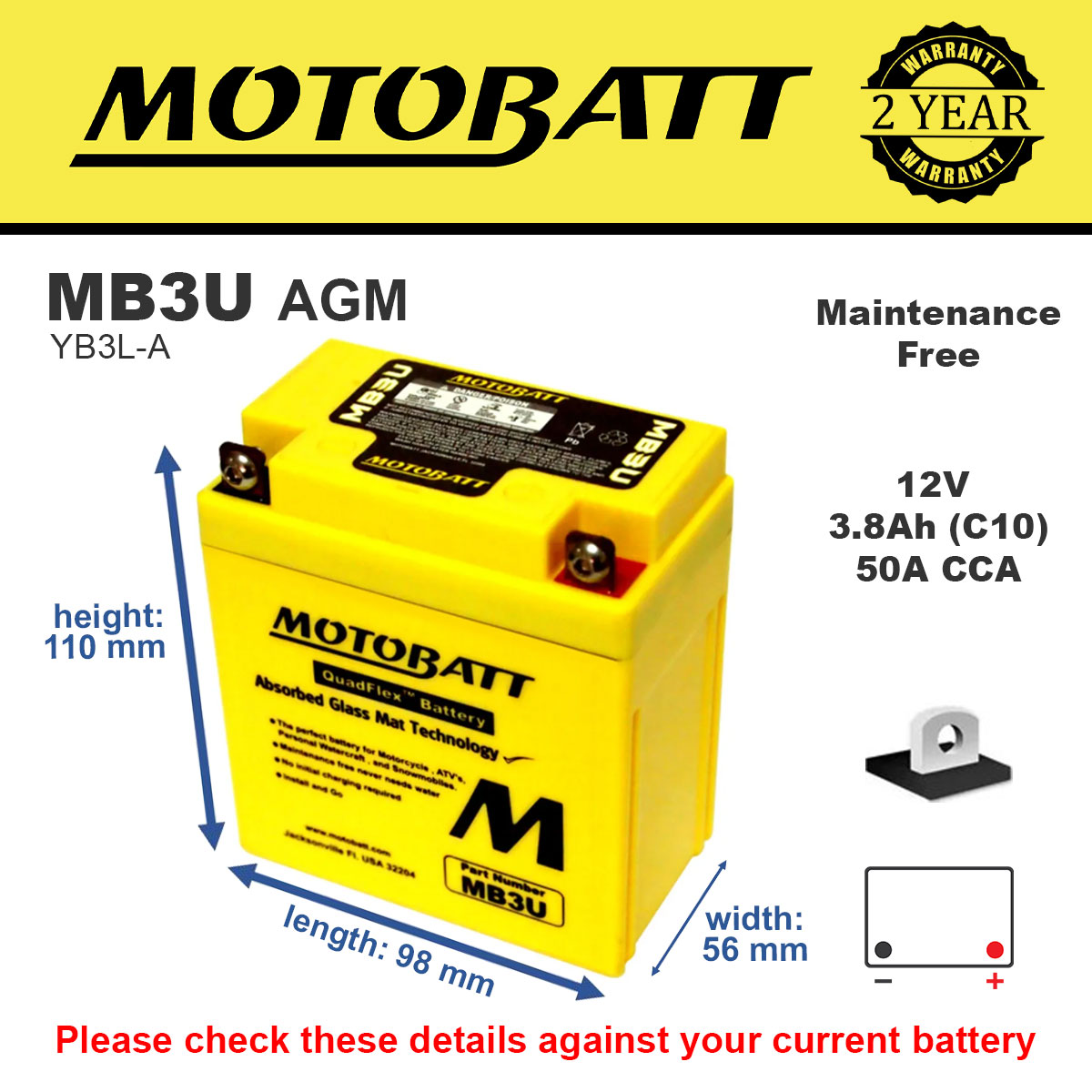 Motobatt MB3U AGM Motorcycle Battery
